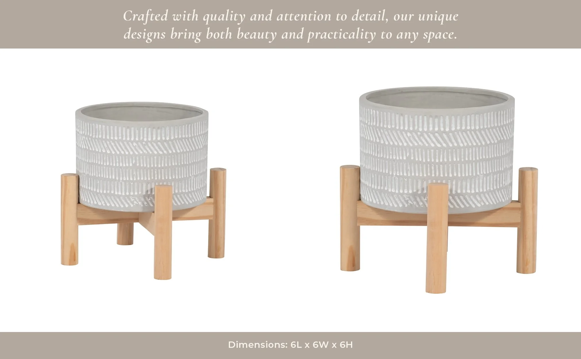 6" Ceramic Tribal Planter W/ Wood Stand, Beige - Image 14