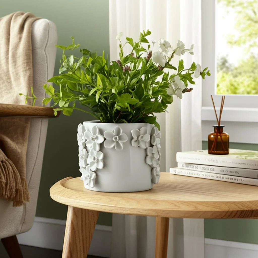 6" Floral Applique Planter, White - Image 9