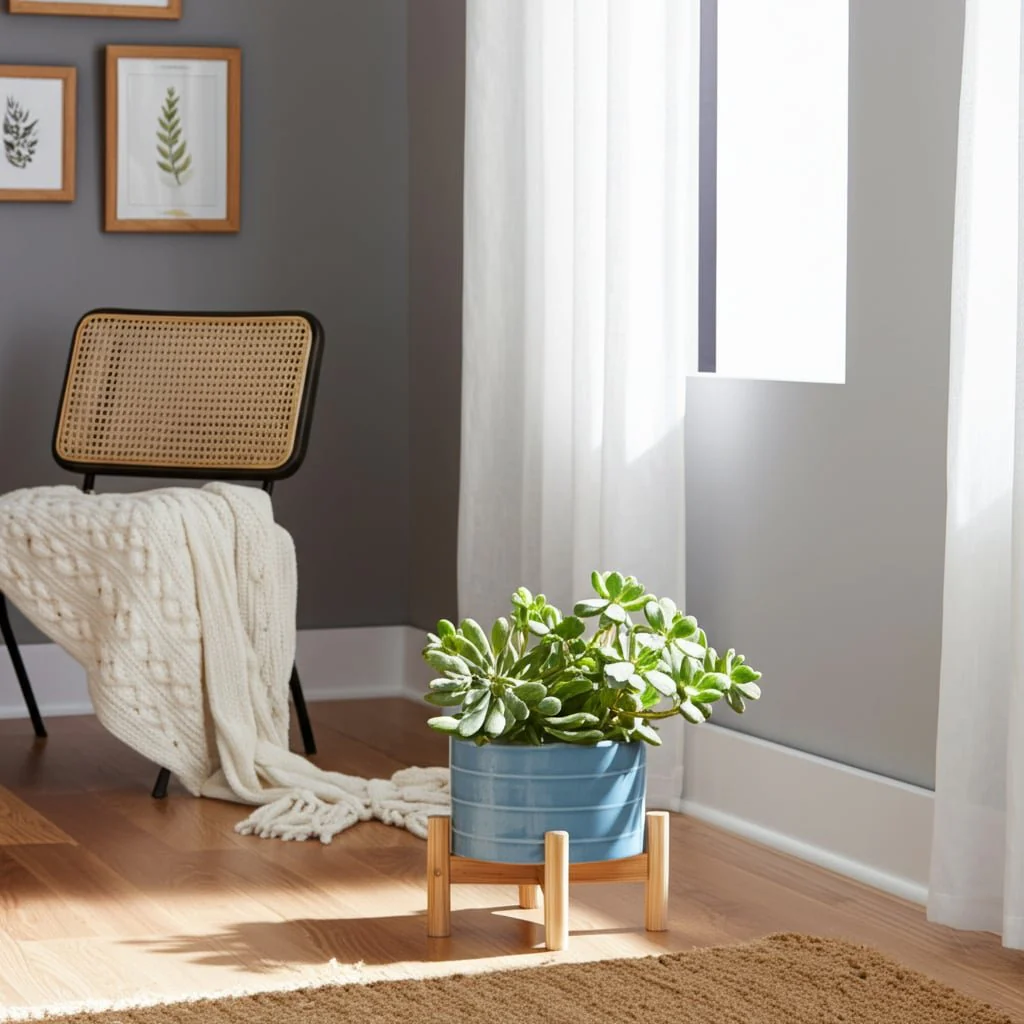 6" Striped Planter W/ Wood Stand, Skyblue - Image 11