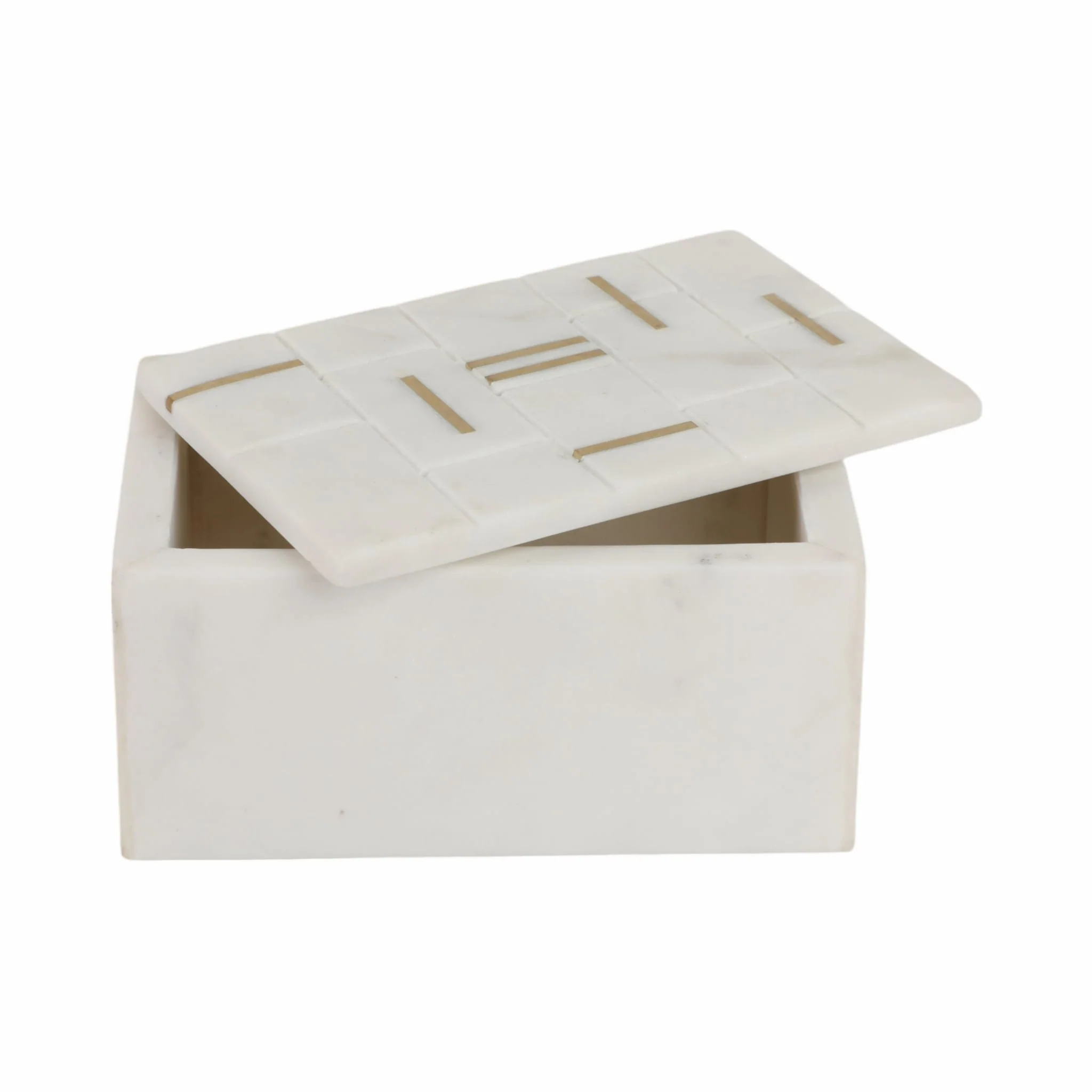6" White Marble Box With Brass Inlay, White/gold - Image 5
