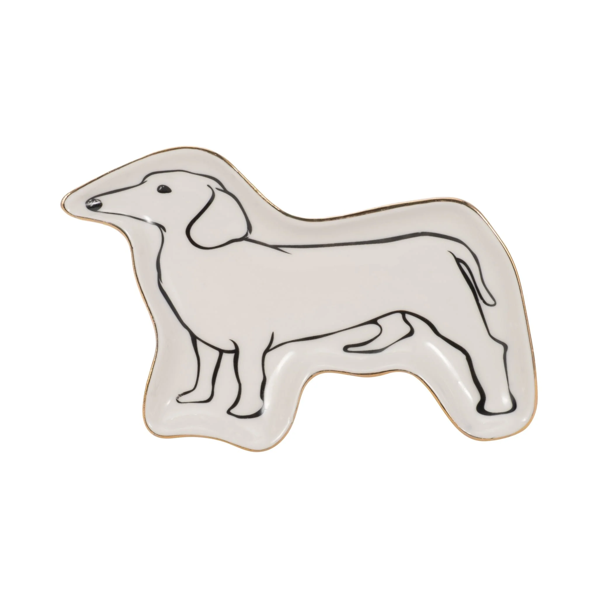 6" Wiener Dog Trinket Tray W/ Gold Detail, White/b
