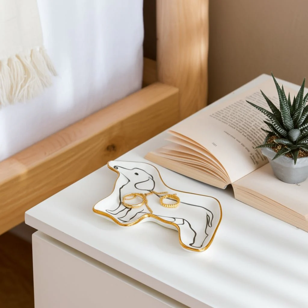 6" Wiener Dog Trinket Tray W/ Gold Detail, White/b - Image 10