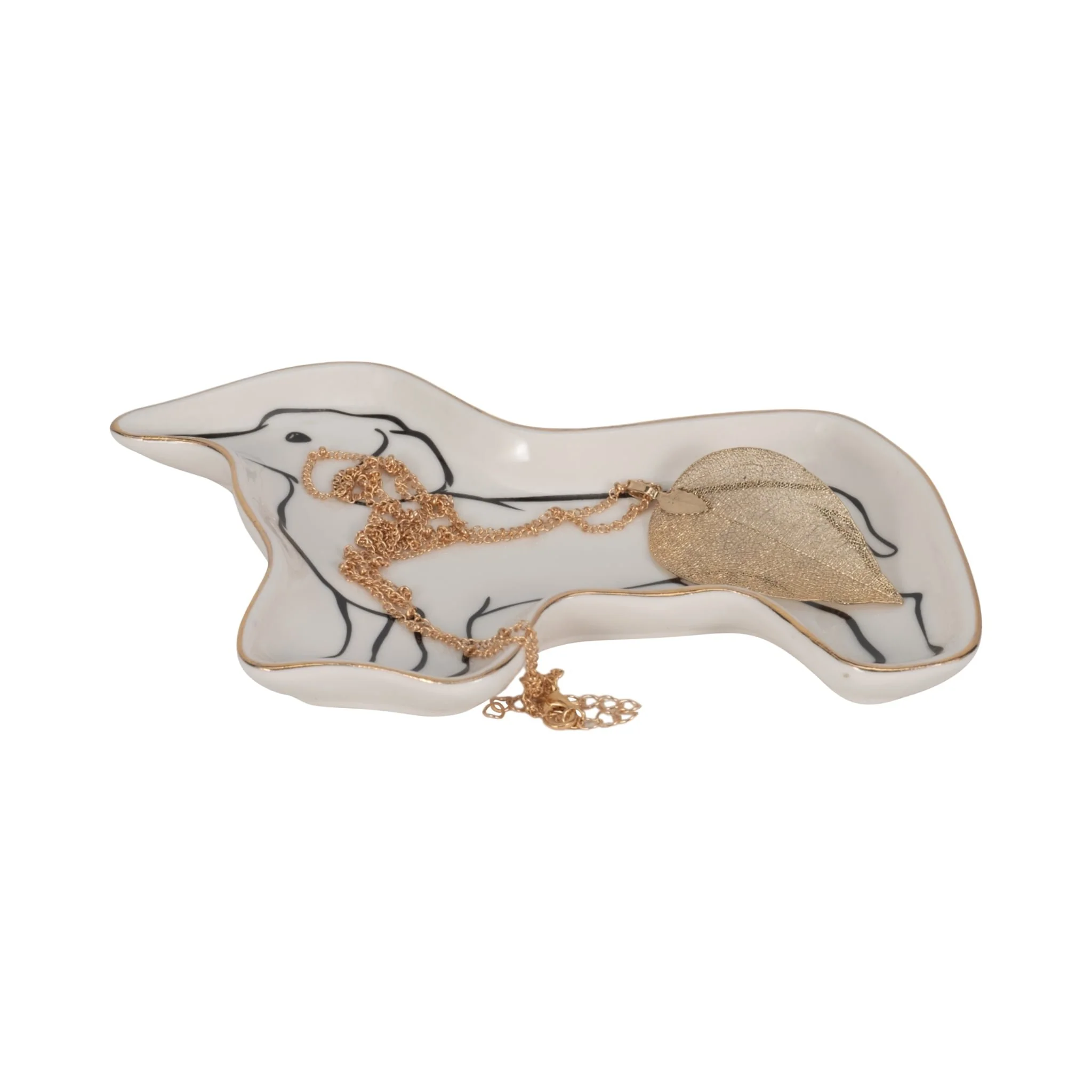 6" Wiener Dog Trinket Tray W/ Gold Detail, White/b - Image 2