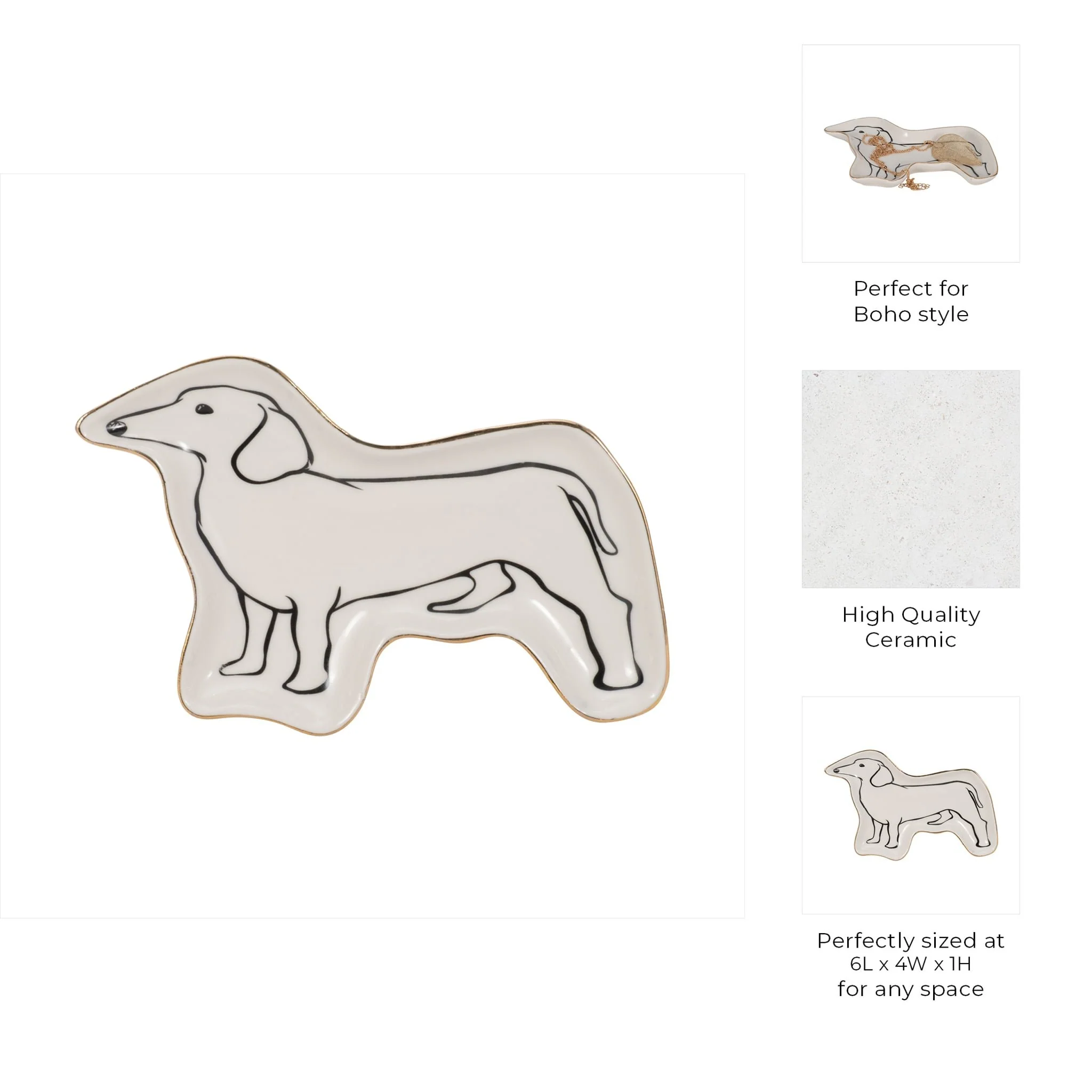 6" Wiener Dog Trinket Tray W/ Gold Detail, White/b - Image 8