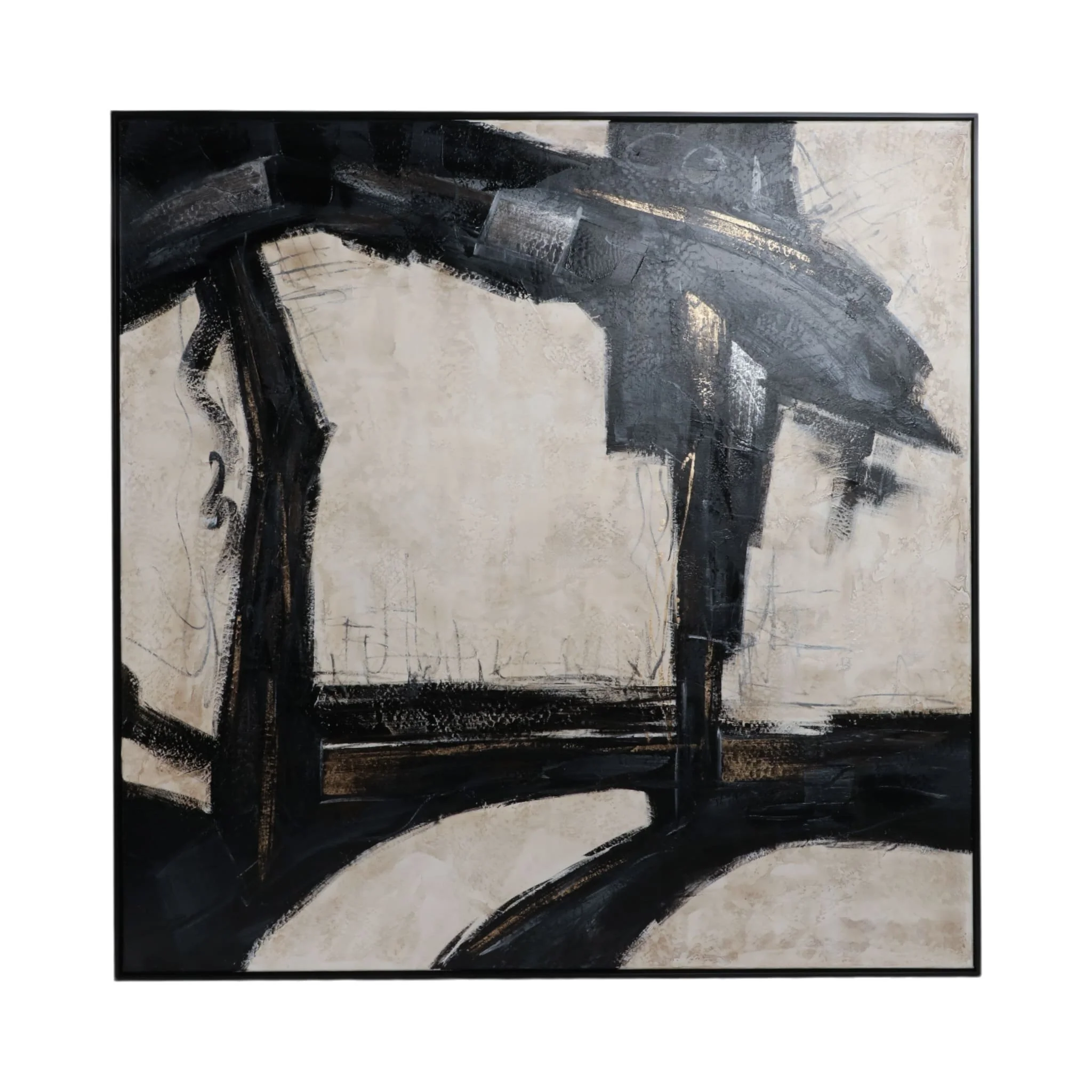 61x61 Framed Hand Painted Abstract Canvas, Black/g