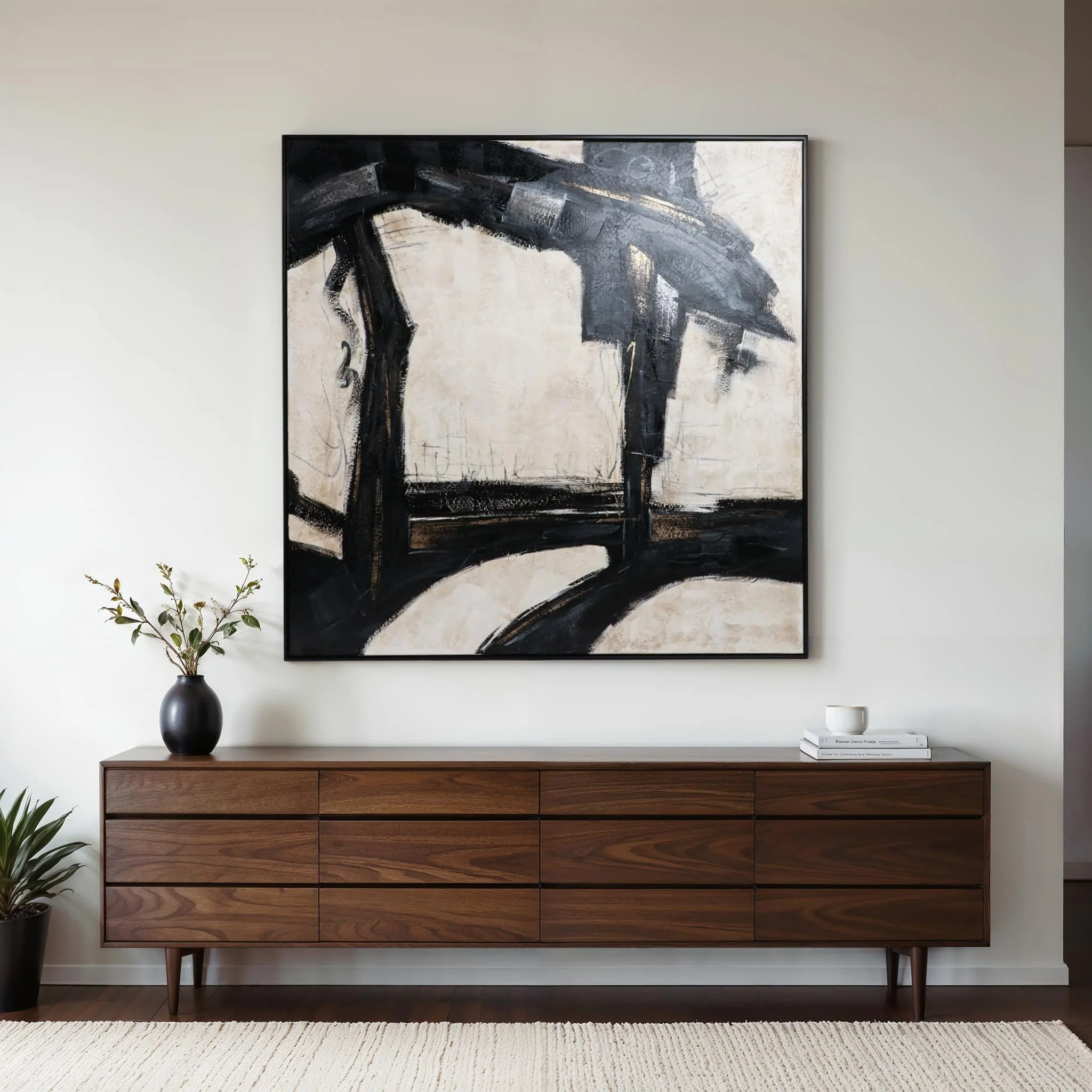 61x61 Framed Hand Painted Abstract Canvas, Black/g - Image 10