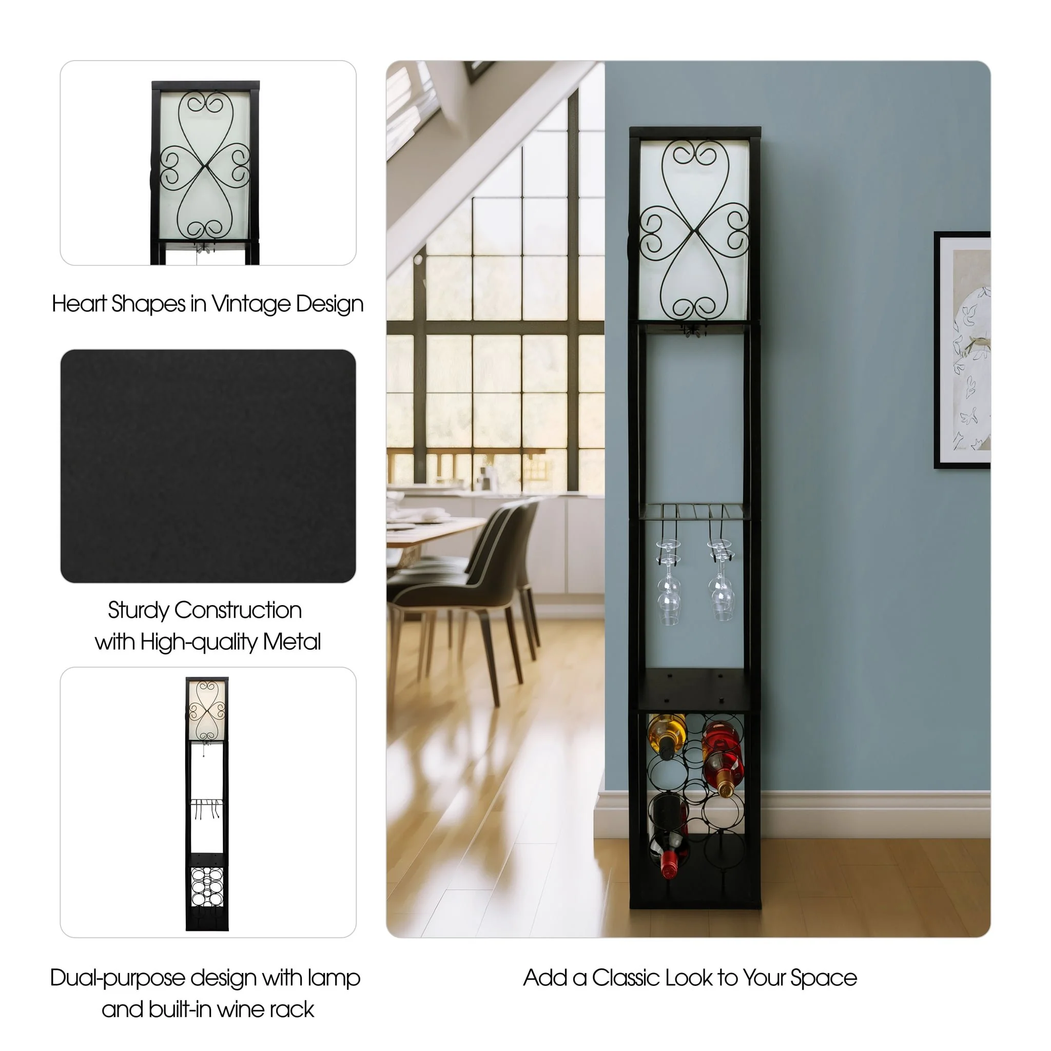 62.5? Wood/metal Etagere / Floor Lamp W/wine Rack, - Image 6