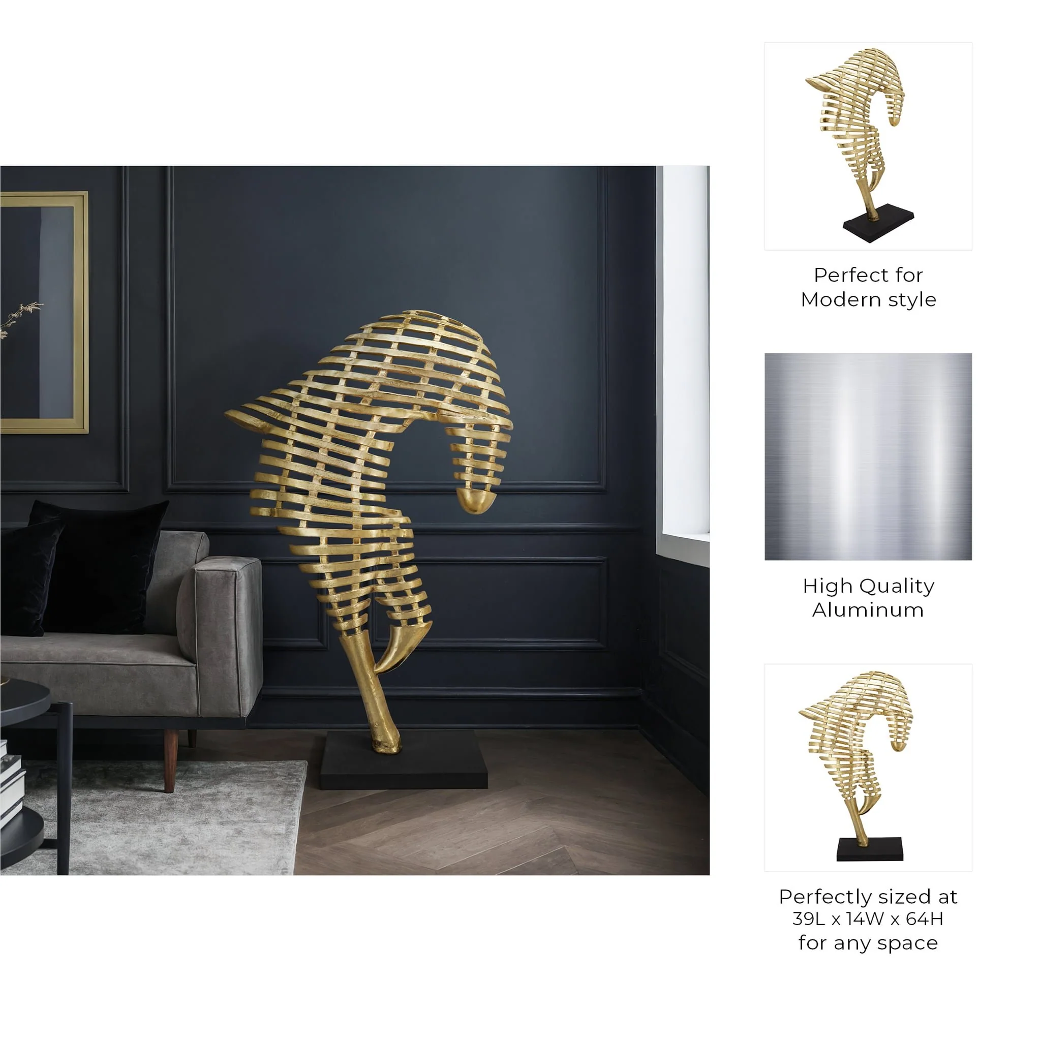 64" Metal Horse Sculpture, Gold - Image 5