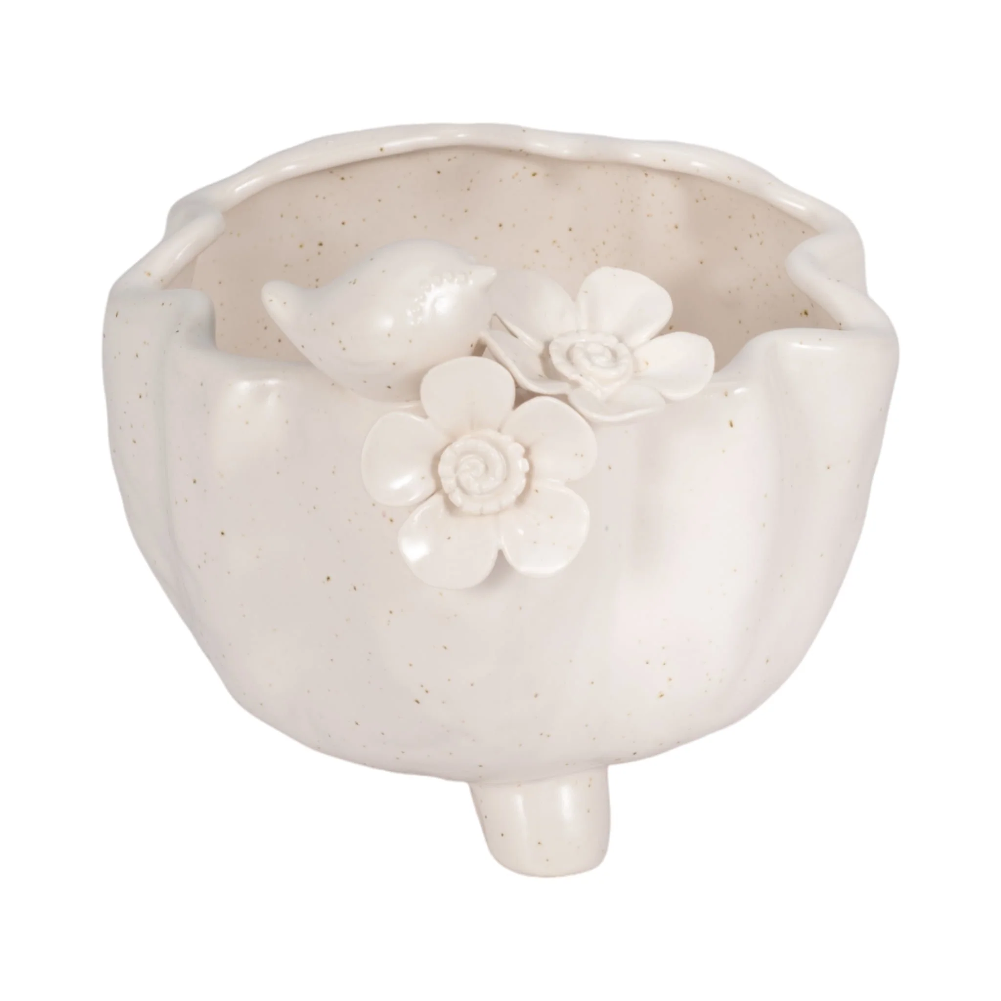 7" Bird And Flower Applique Footed Planter, Ivory