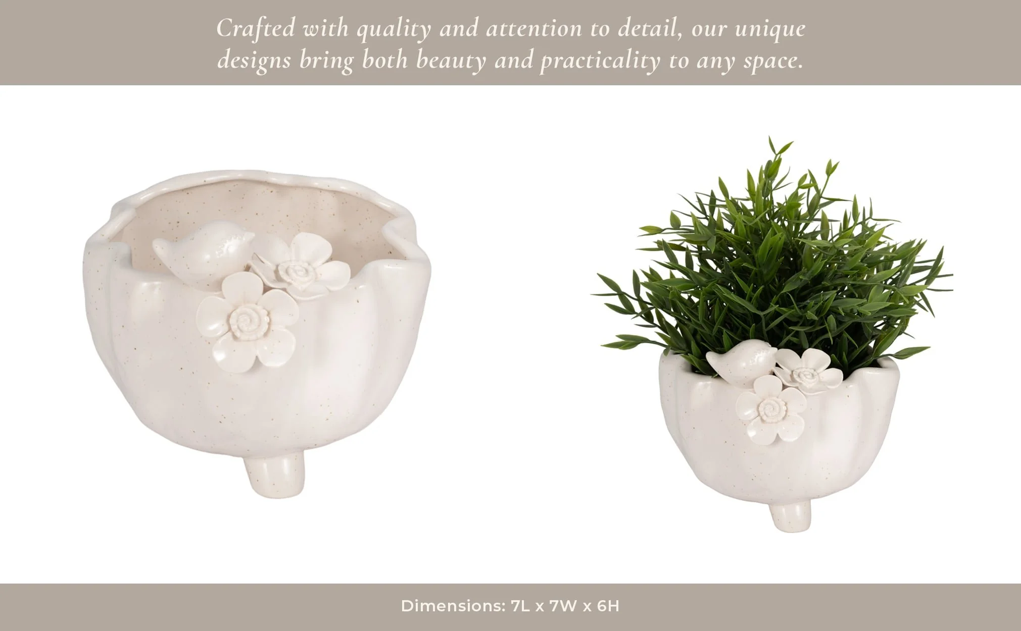 7" Bird And Flower Applique Footed Planter, Ivory - Image 11