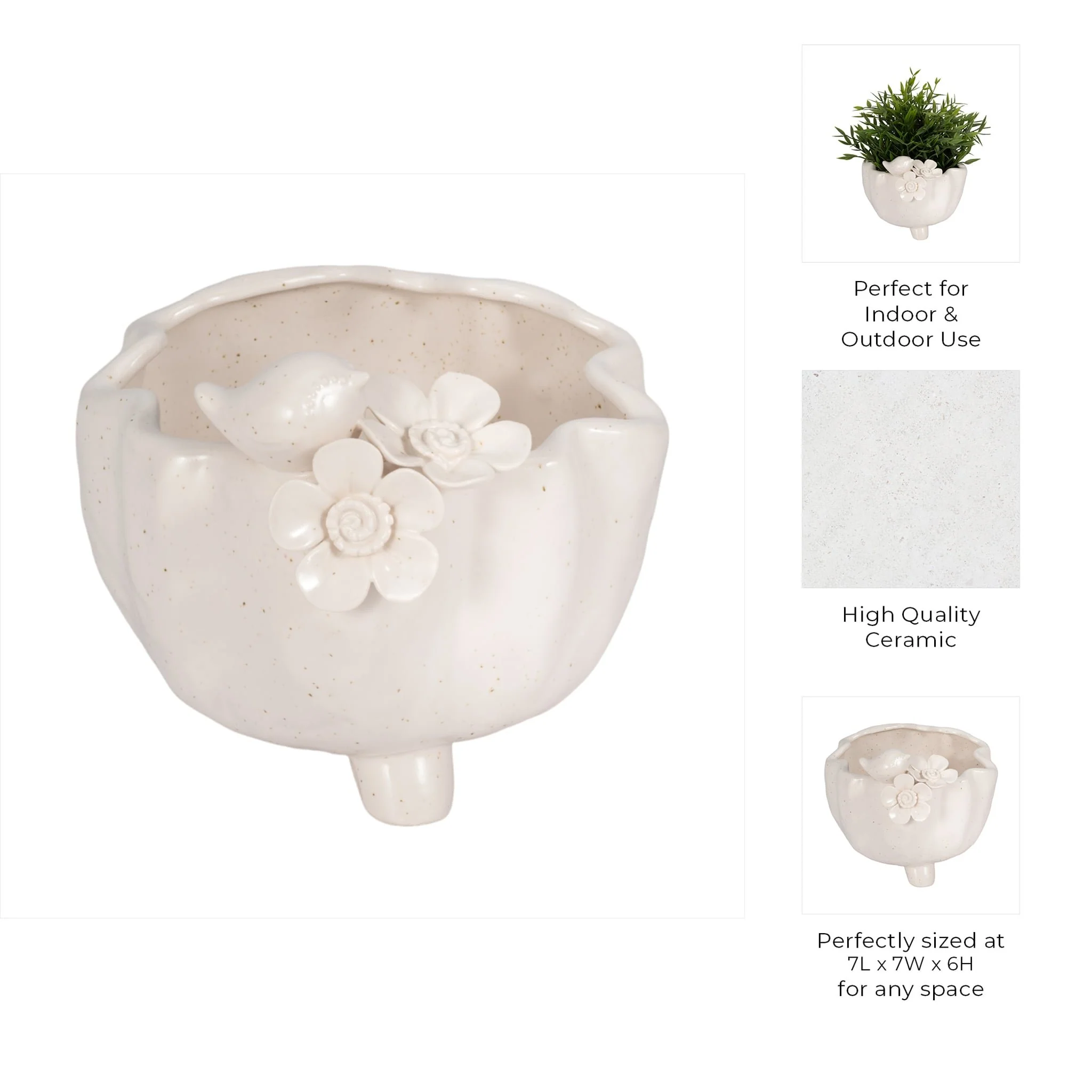 7" Bird And Flower Applique Footed Planter, Ivory - Image 8