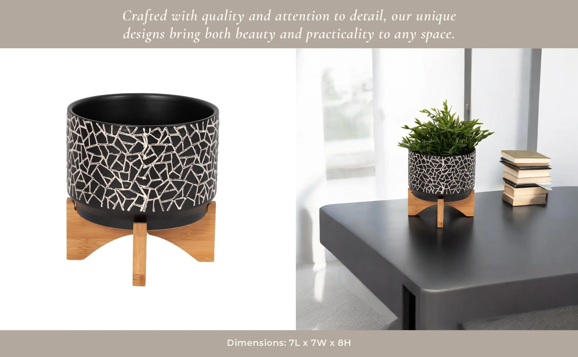 7" Crackled Planter W/ Wood Stand, Black - Image 11