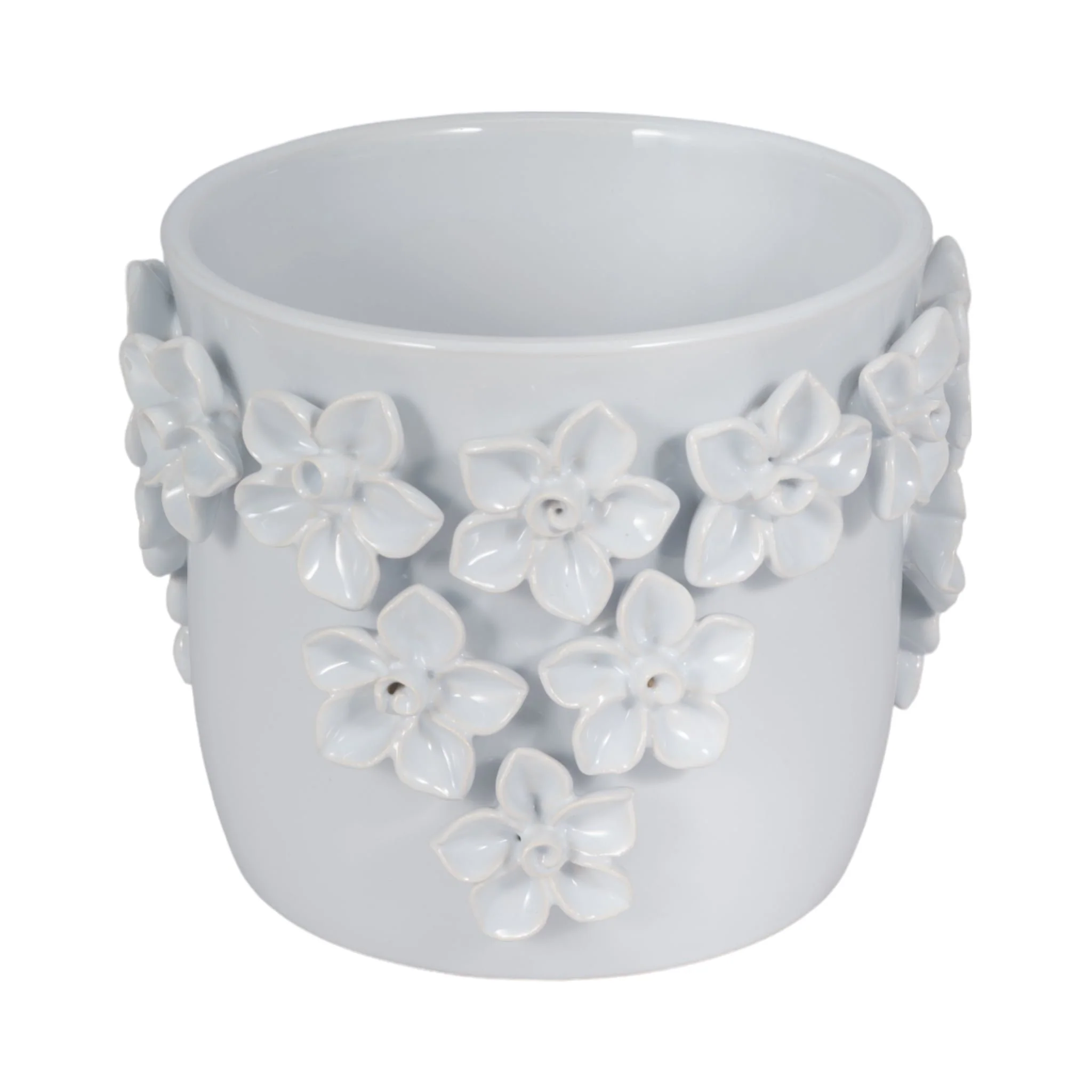 7" Floral Applique Planter, White