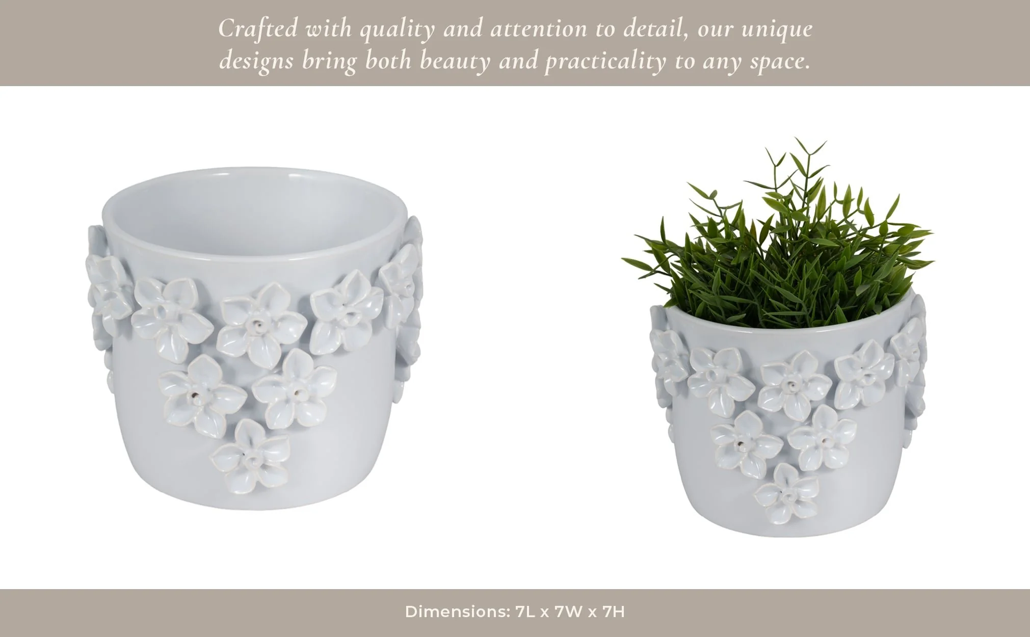 7" Floral Applique Planter, White - Image 13