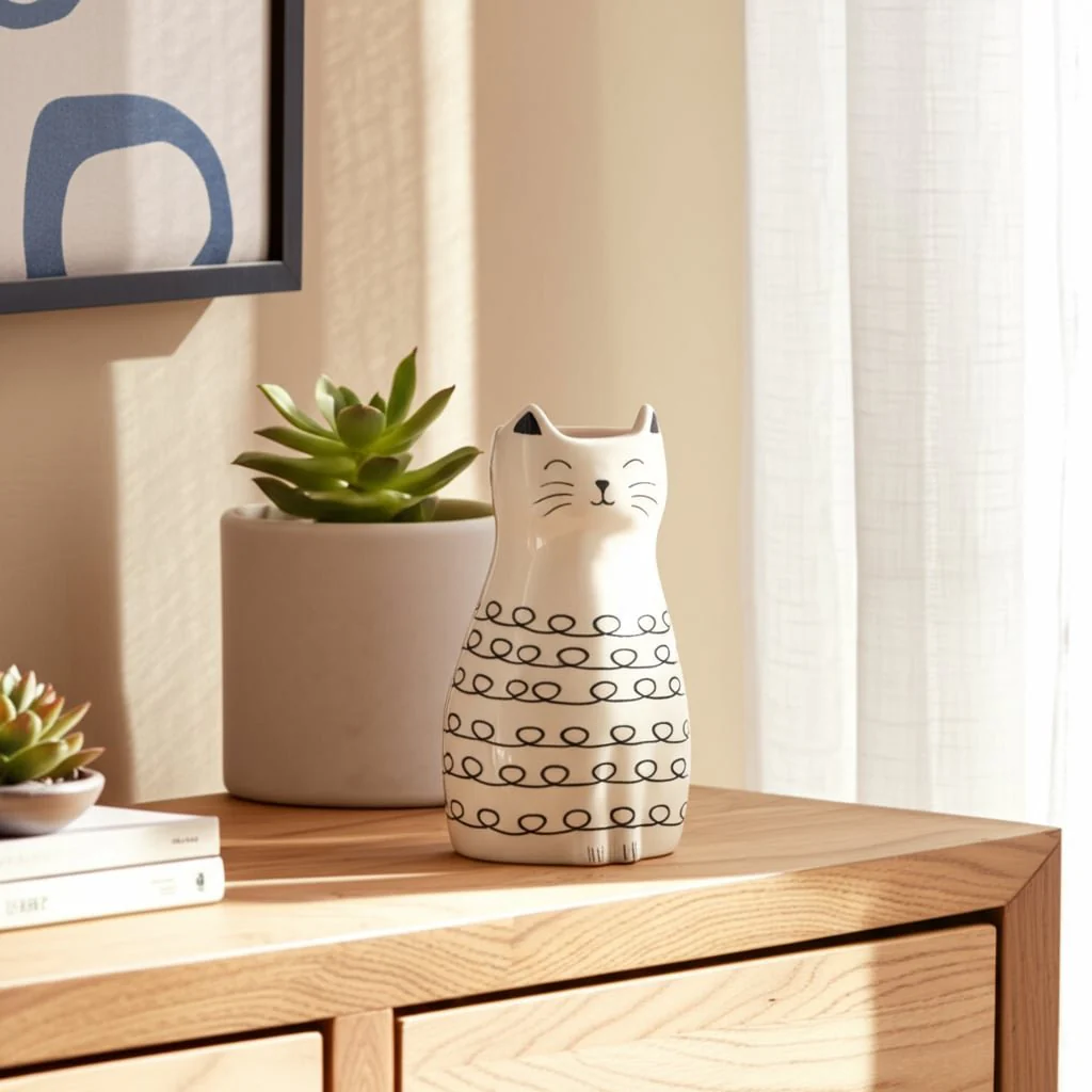 7" Squiggly Kitty With Vase Opening, White/black - Image 11