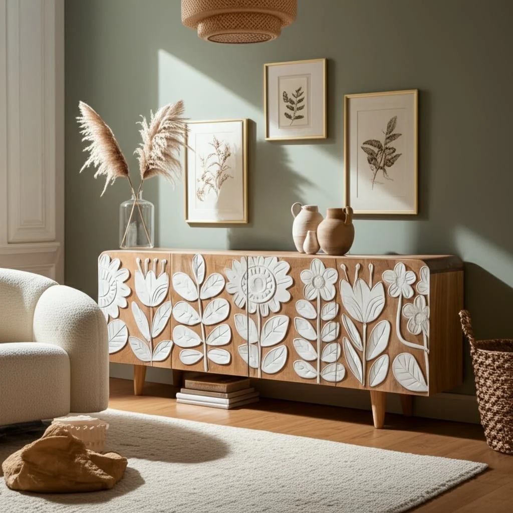 70x30" Flower Field Applique Cabinet, Natural/wht - Image 11