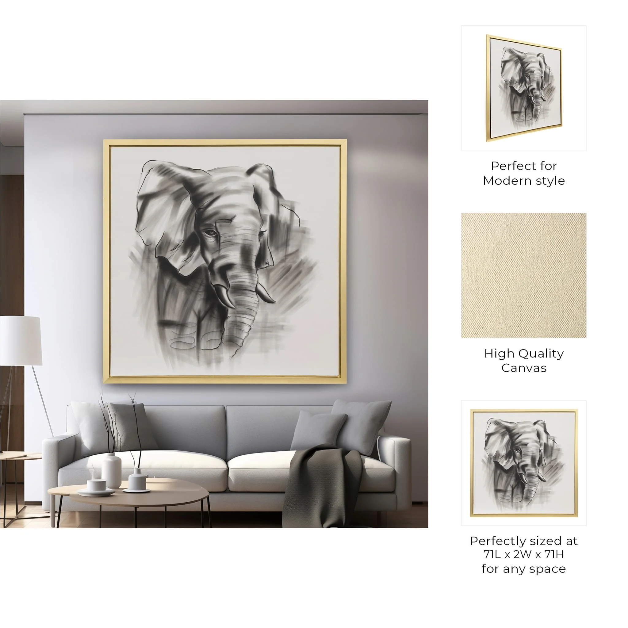 71x71, Hand Painted Elephant Beauty, Gray/wht - Image 8