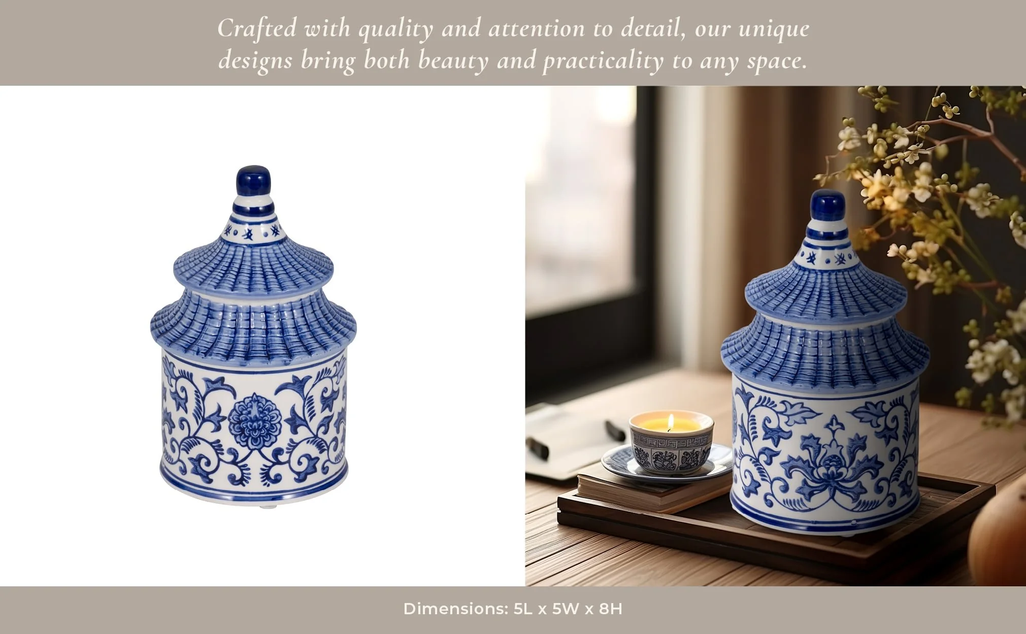 8" 9oz Plumeria Chinoiserie Pagoda Candle,blu/wht - Image 10