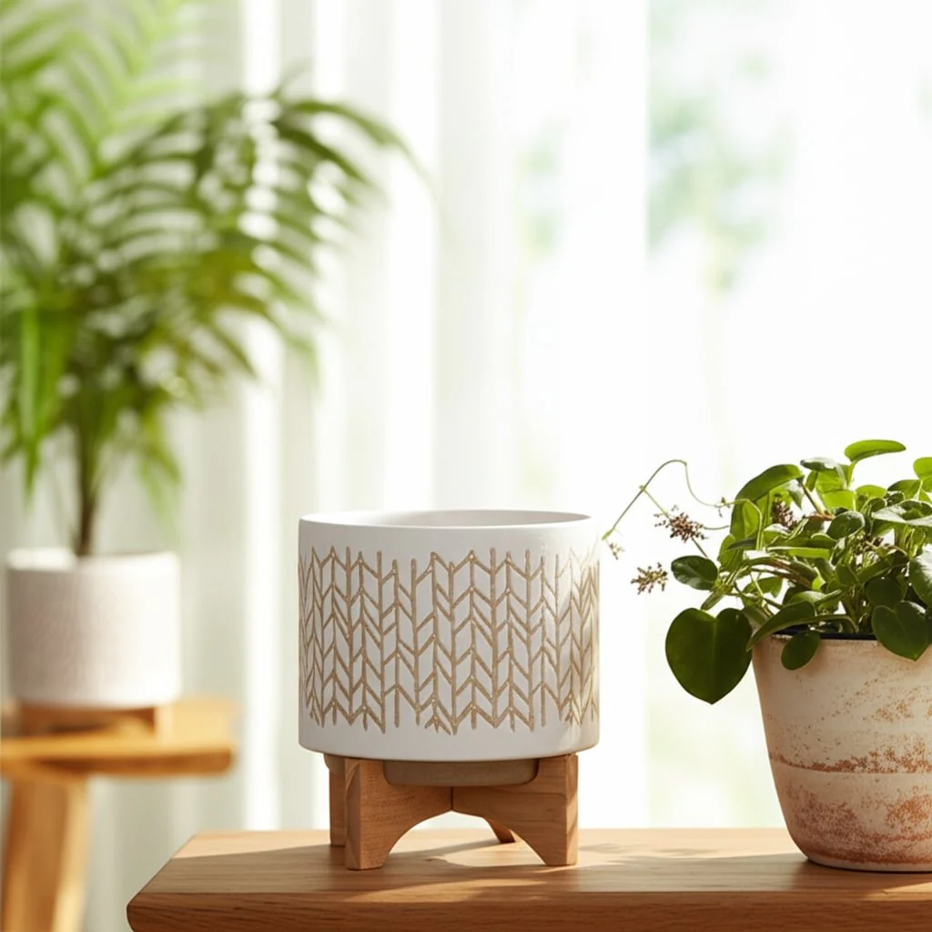 8" Chevron Planter W/ Wood Stand, Beige - Image 12