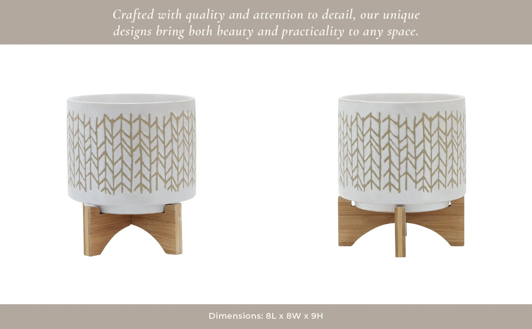 8" Chevron Planter W/ Wood Stand, Beige - Image 14