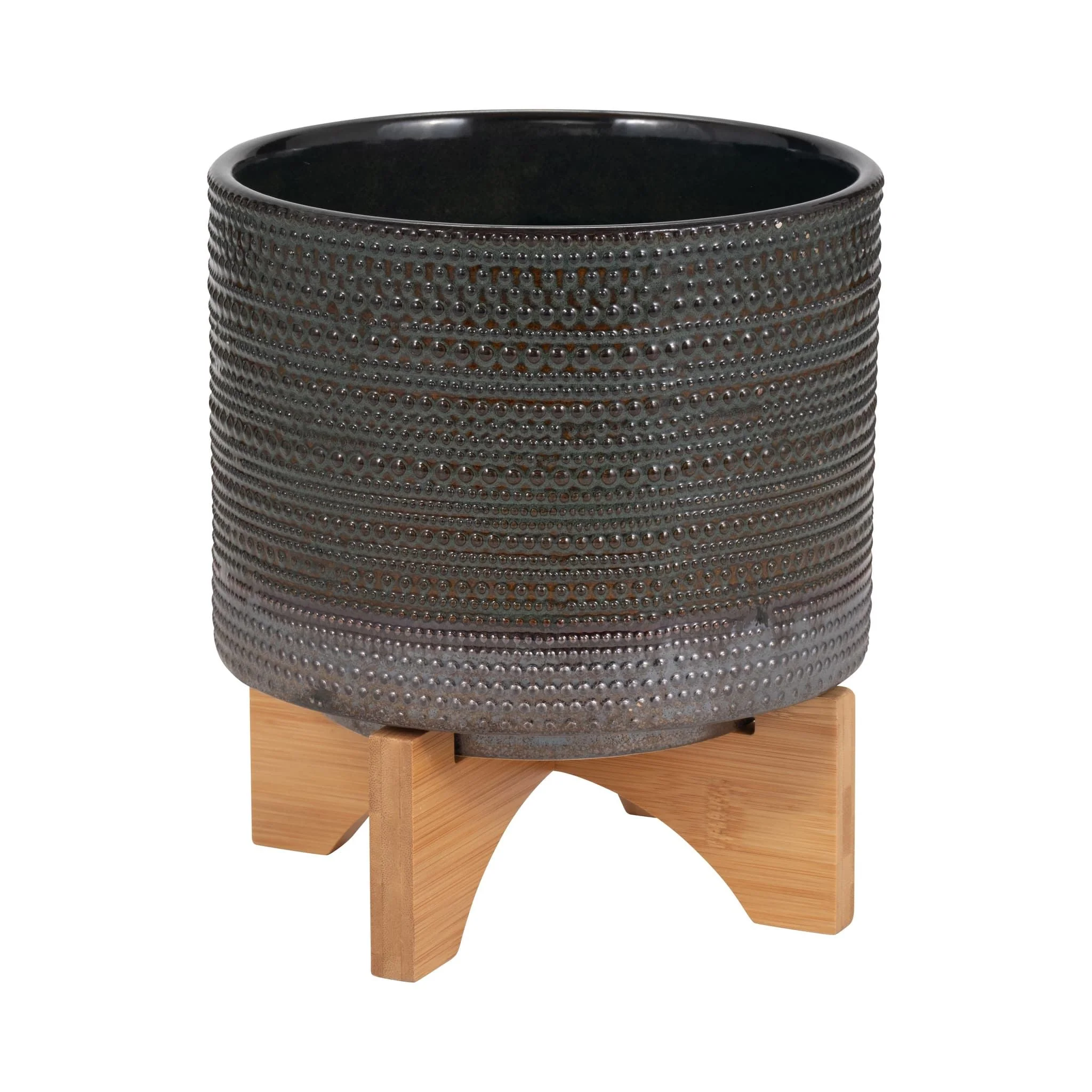 8" Dotted Planter W/ Wood Stand, Green - Image 3