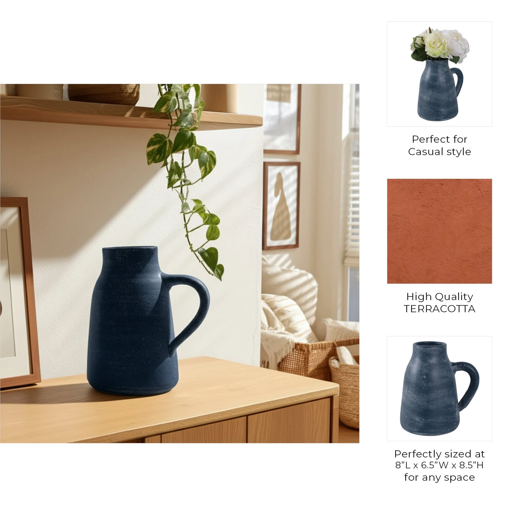 8x8" Terracotta Vase With Handle, Blue - Image 8