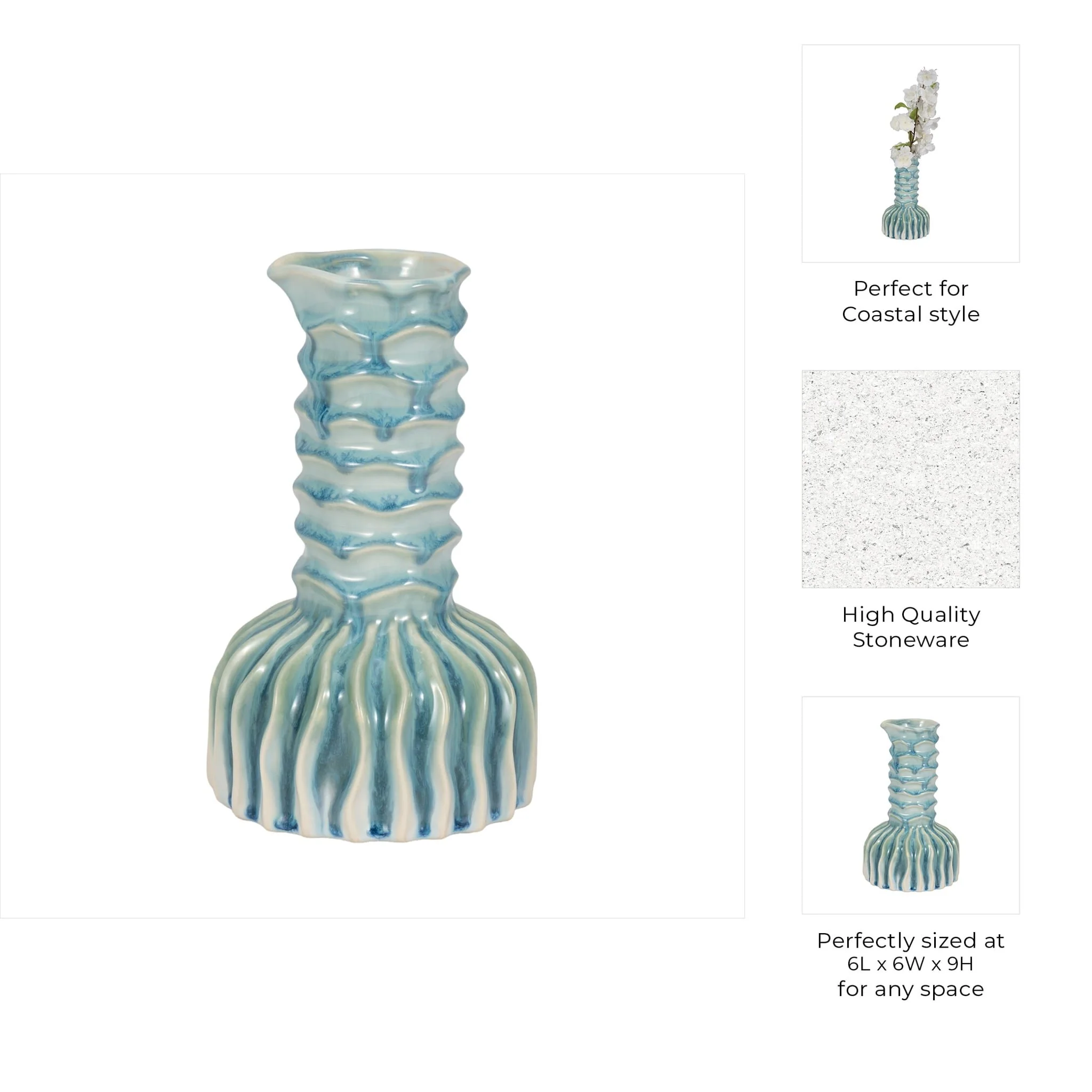 9" Coastal Ribbed Bud Vase Reactive Finish, Blue - Image 9