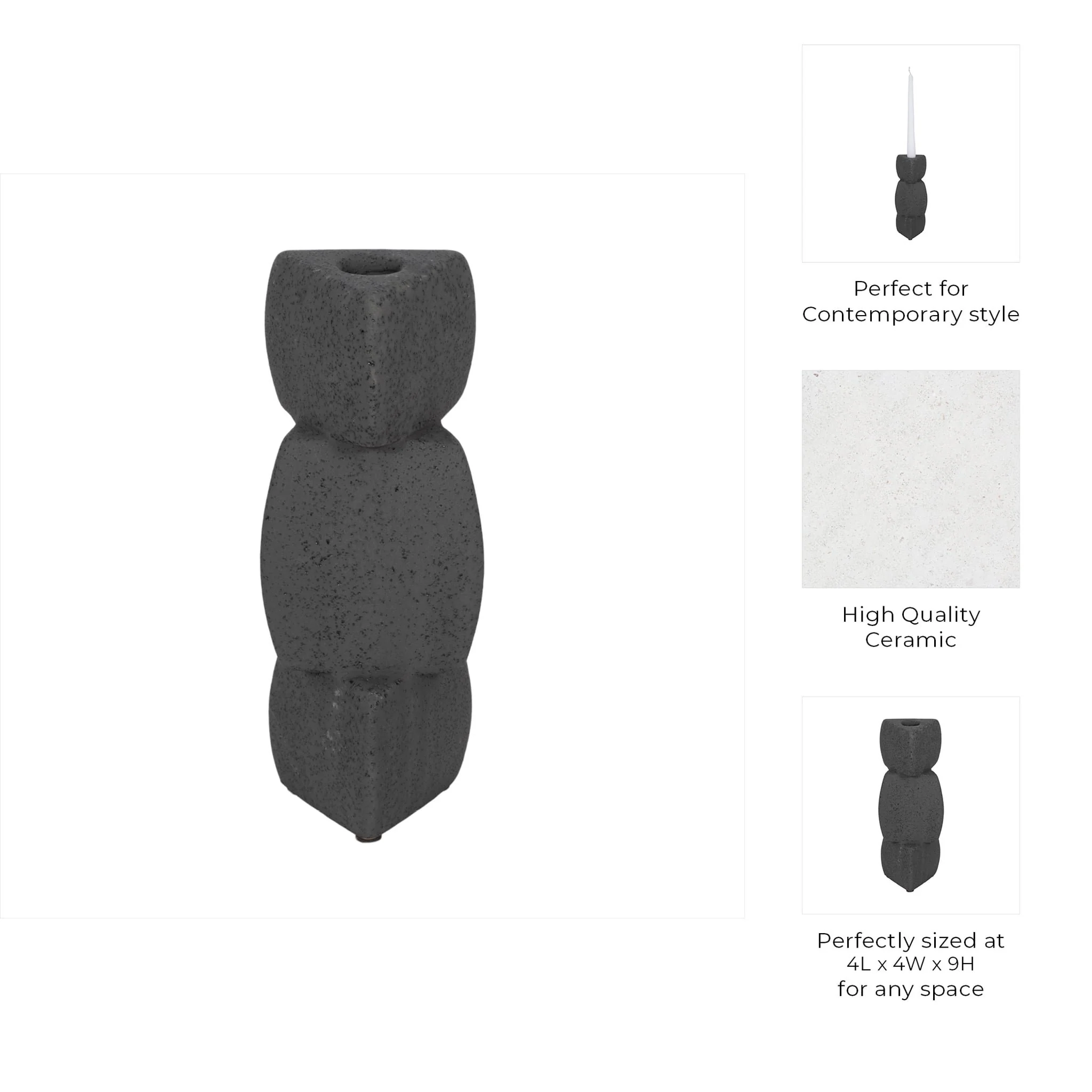 9" Stacked Objects Taper Holder Sand Glaze, Black - Image 9