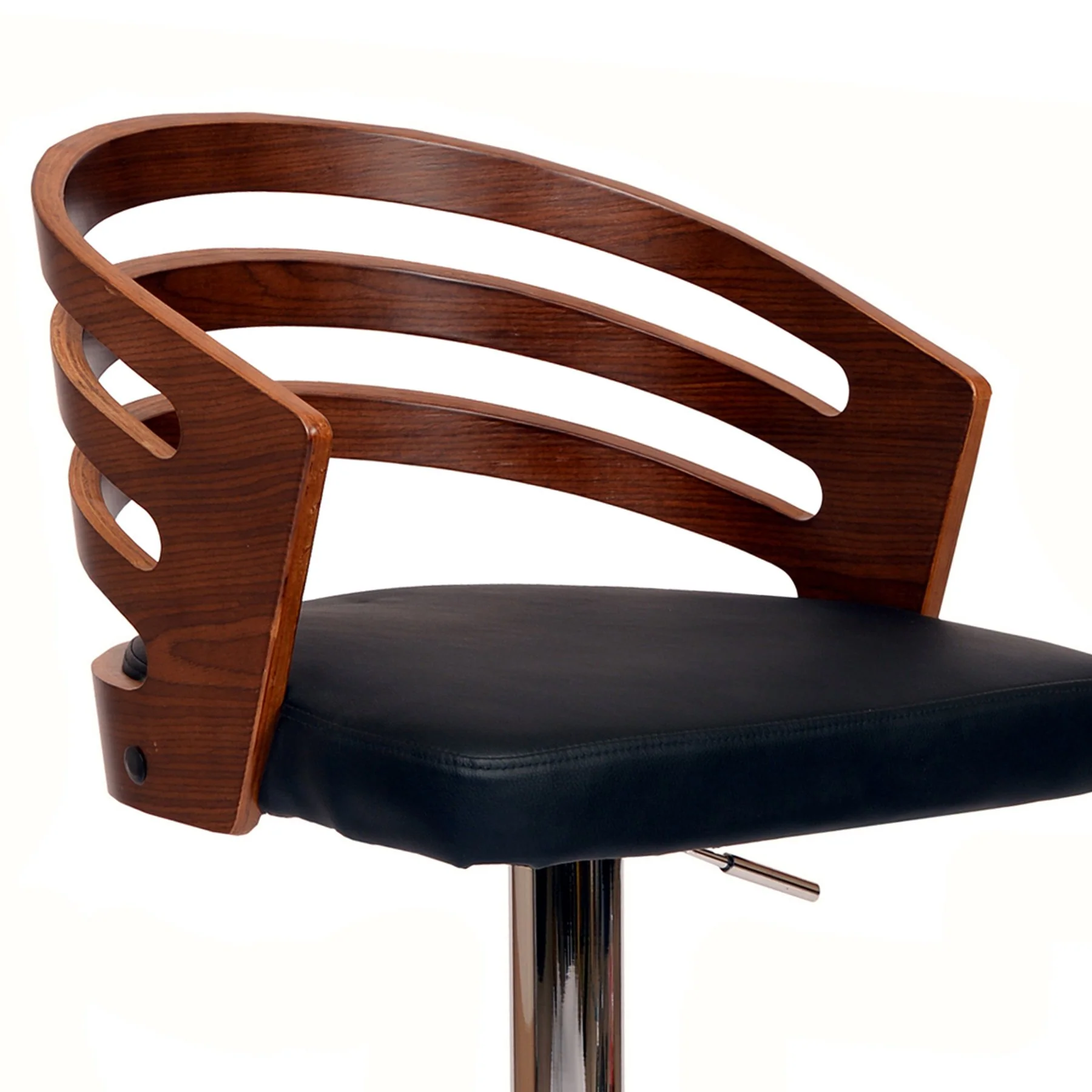 Adele Adjustable Height Swivel Black Faux Leather and Walnut Wood Bar Stool with Chrome Base - Image 2