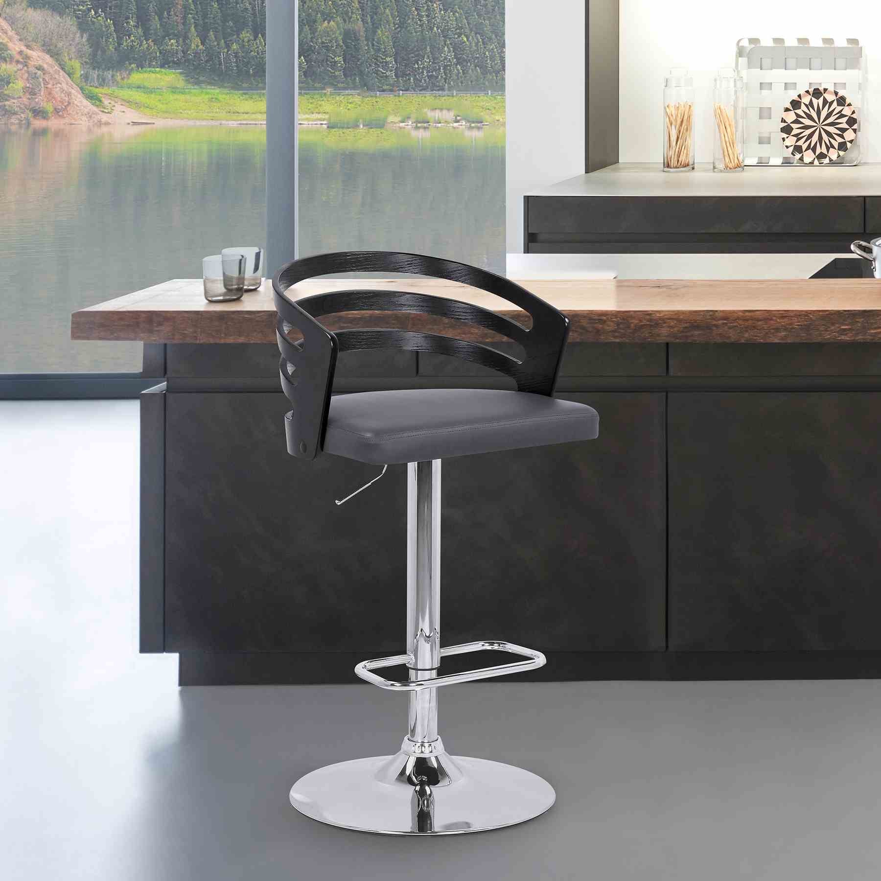 Adele Adjustable Height Swivel Gray Faux Leather and Black Wood Bar Stool with Chrome Base - Image 10