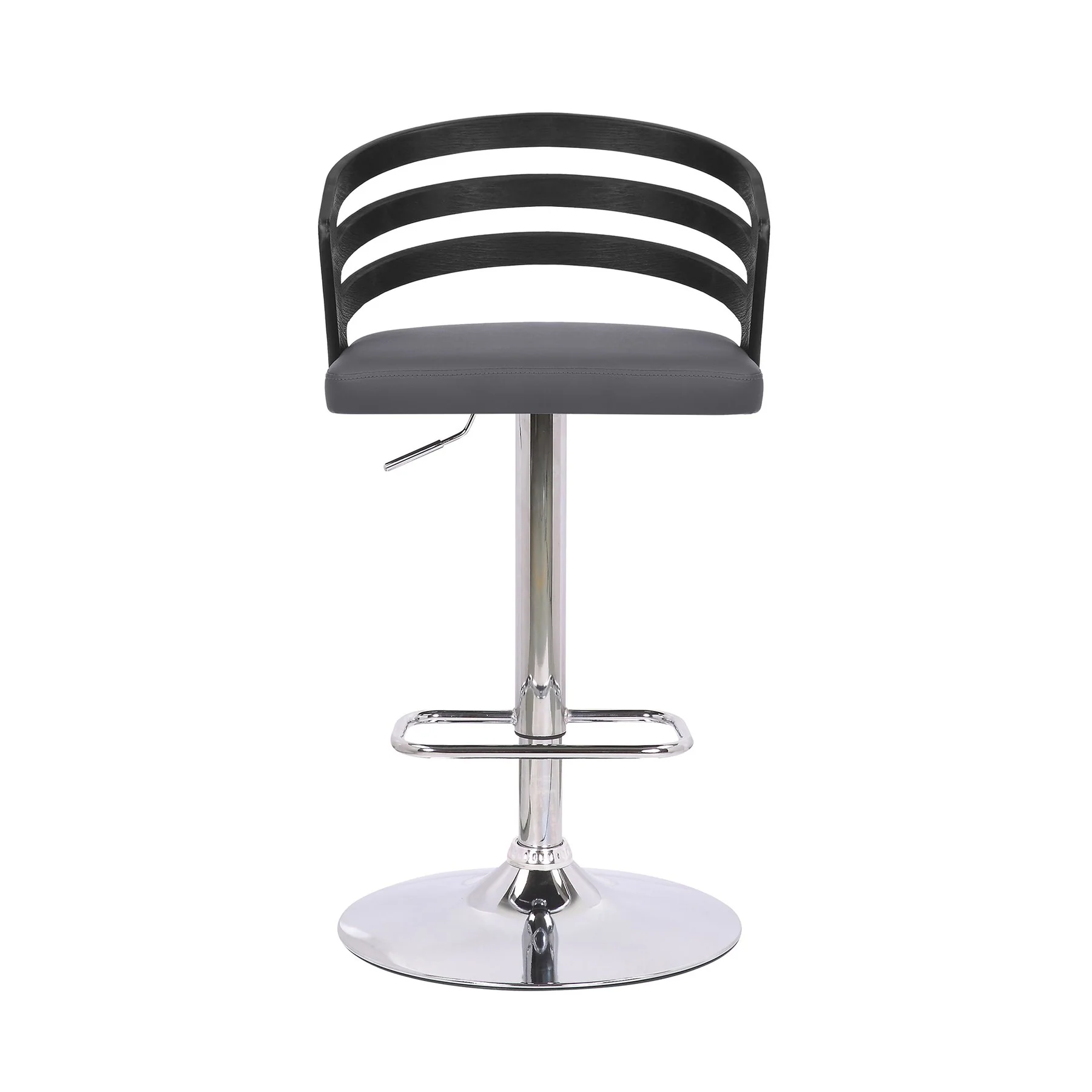 Adele Adjustable Height Swivel Gray Faux Leather and Black Wood Bar Stool with Chrome Base - Image 2