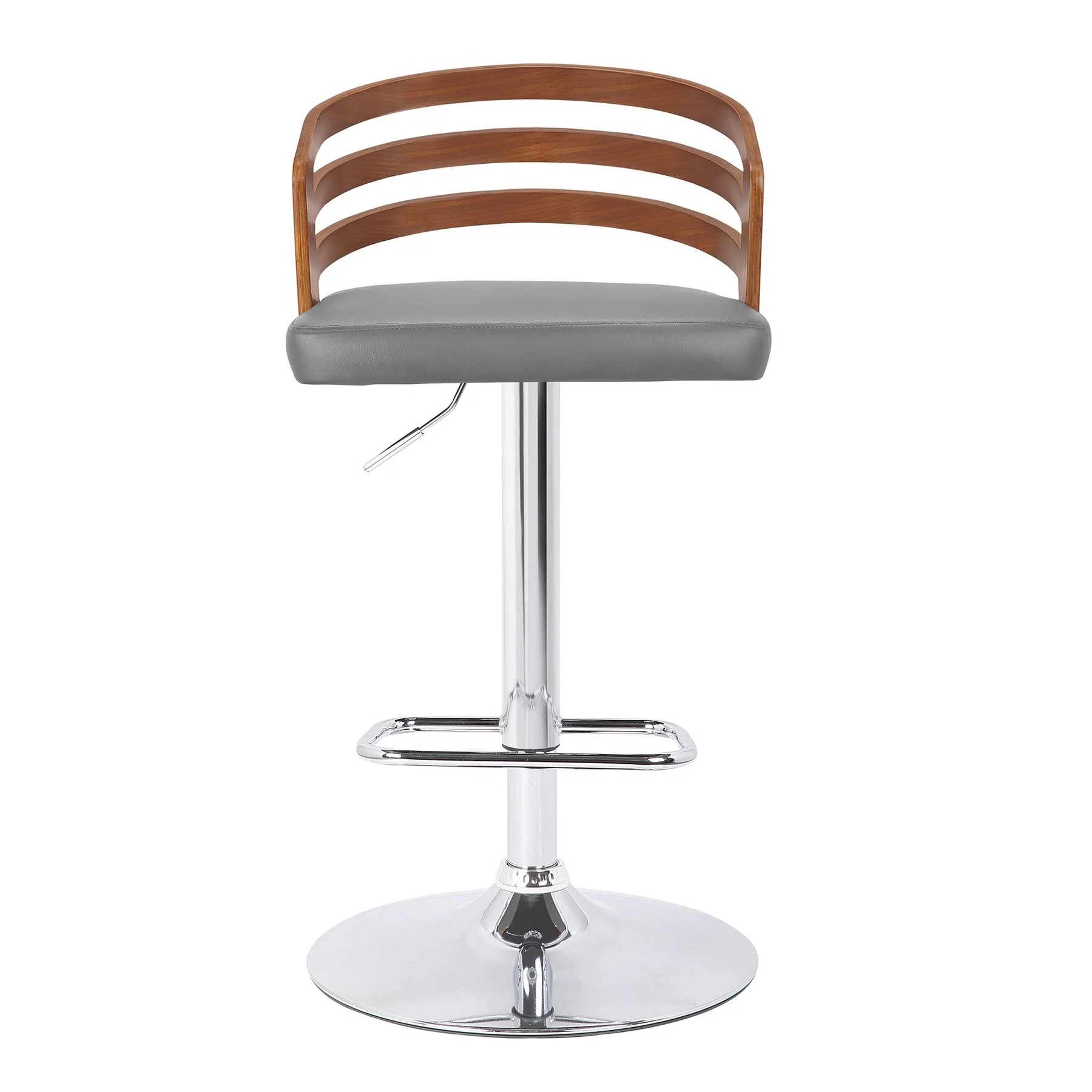 Adele Adjustable Height Swivel Gray Faux Leather and Walnut Wood Bar Stool with Chrome Base - Image 2