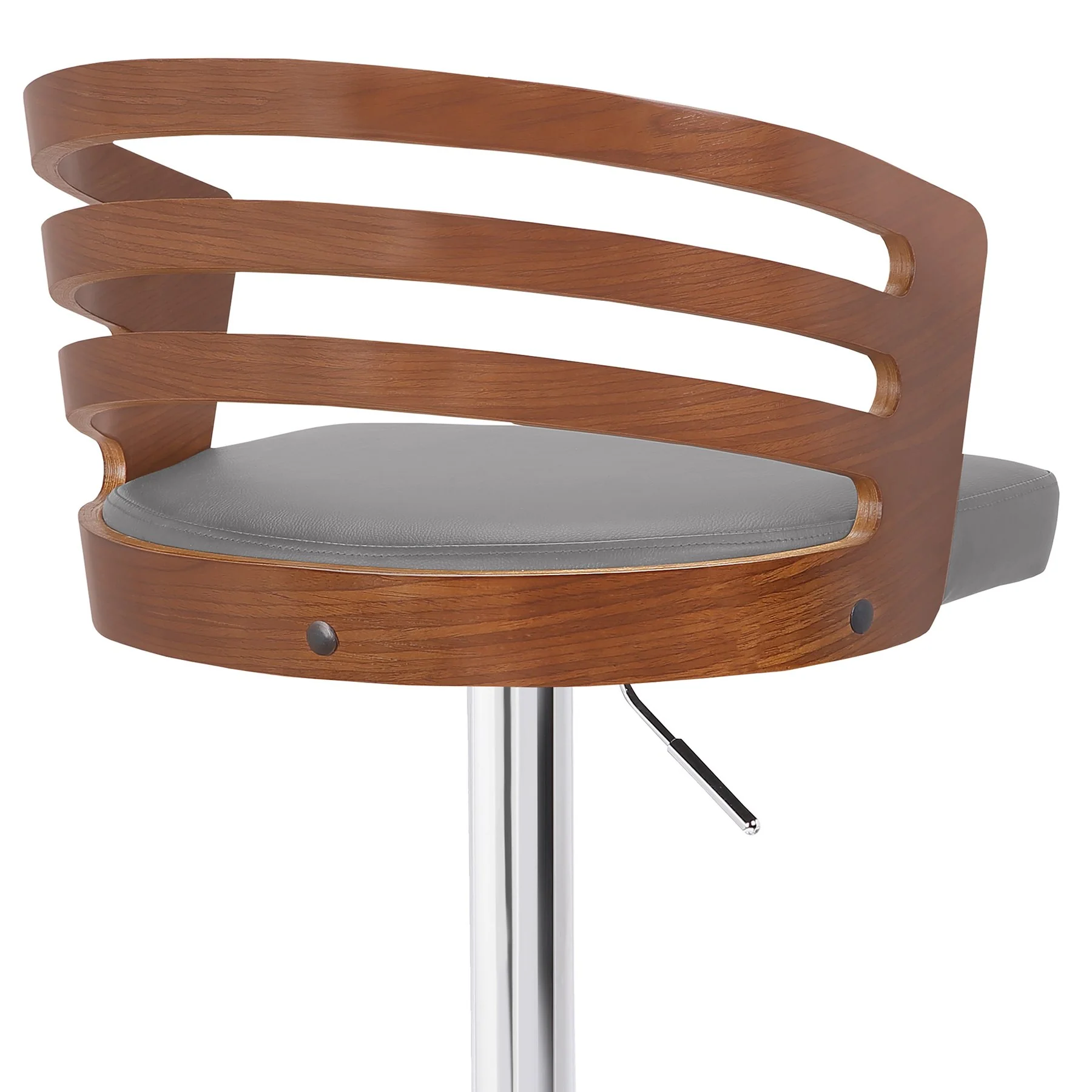 Adele Adjustable Height Swivel Gray Faux Leather and Walnut Wood Bar Stool with Chrome Base - Image 5