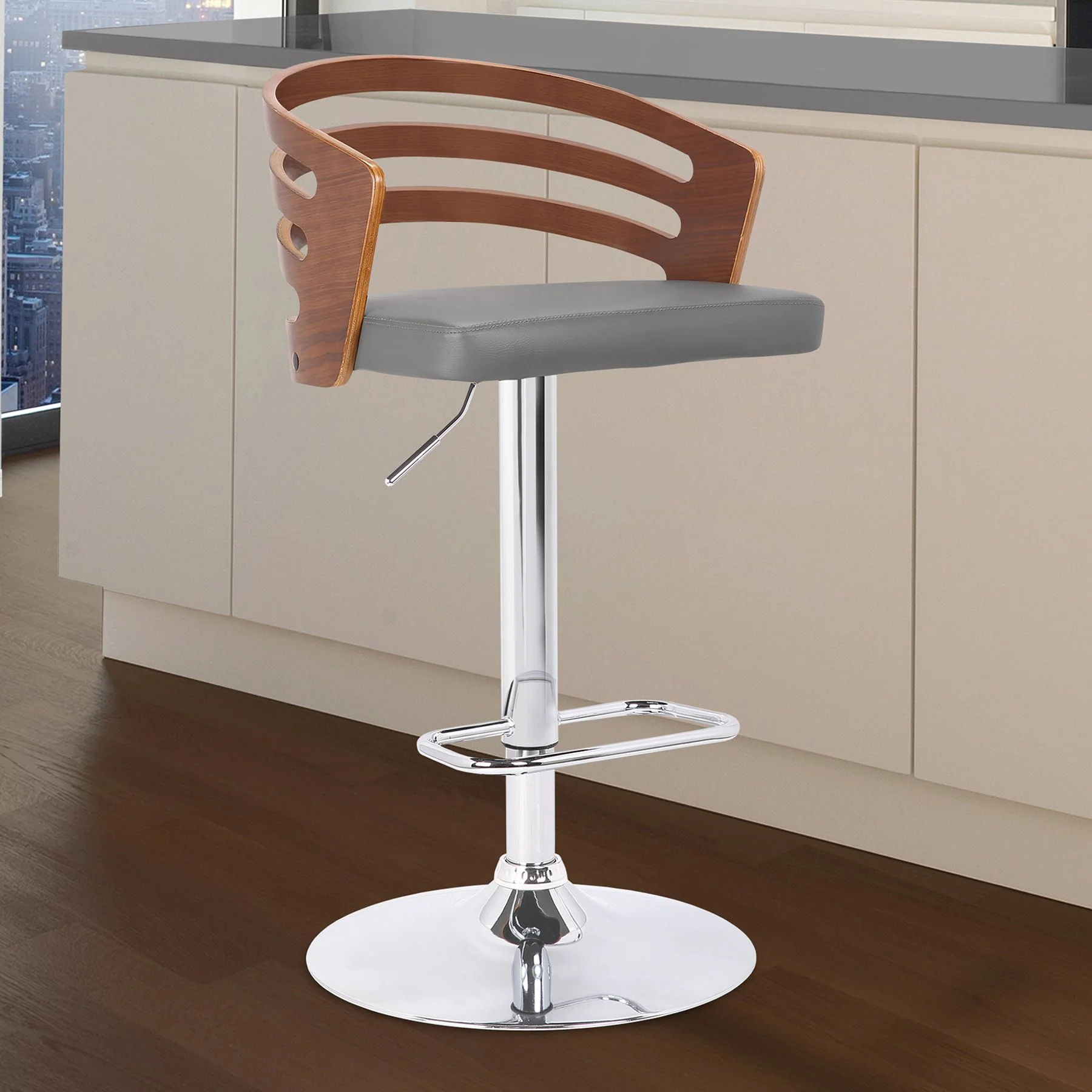 Adele Adjustable Height Swivel Gray Faux Leather and Walnut Wood Bar Stool with Chrome Base - Image 8