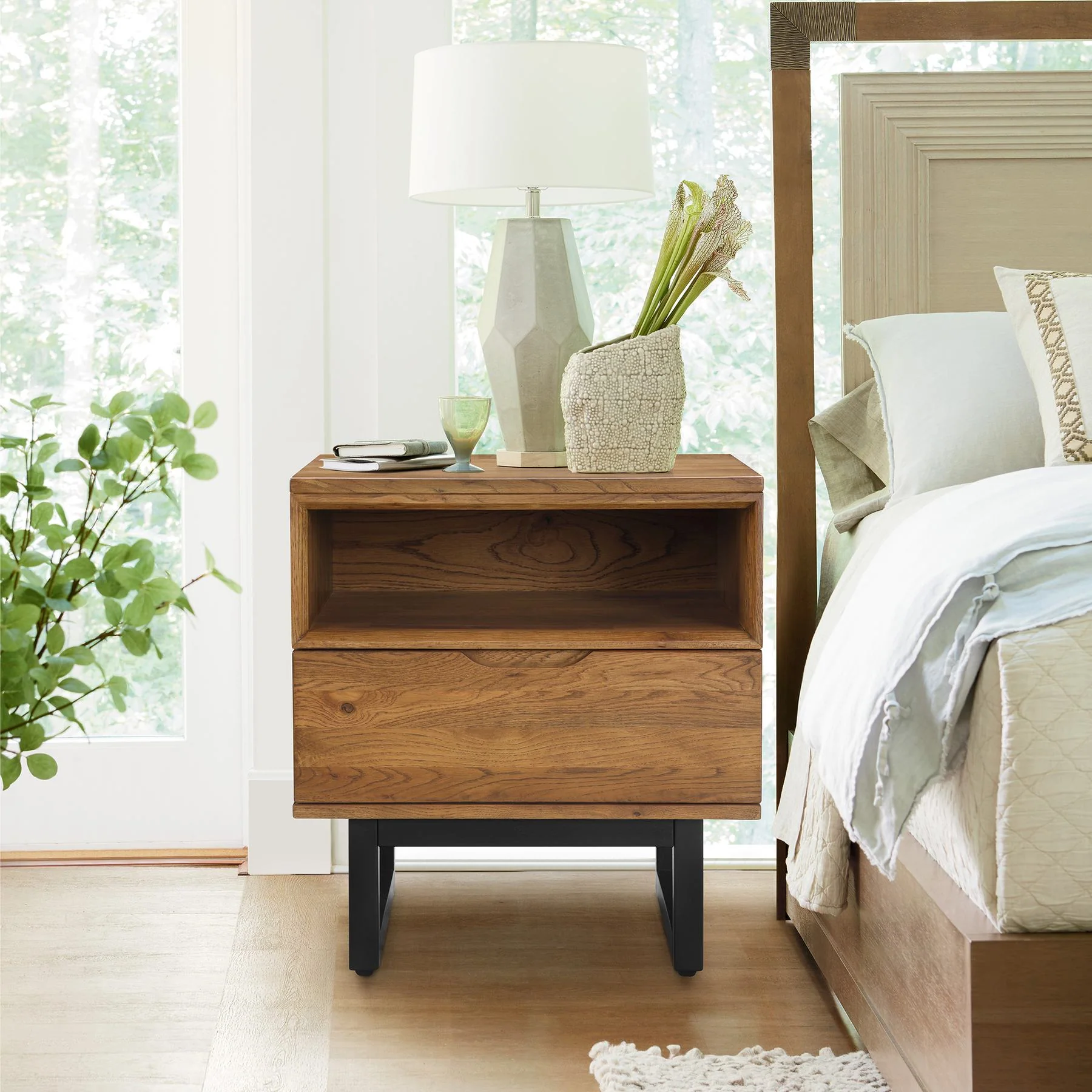 Aldo 1 Drawer Nightstand in Brown Oak Wood with Black Metal Legs - Image 11