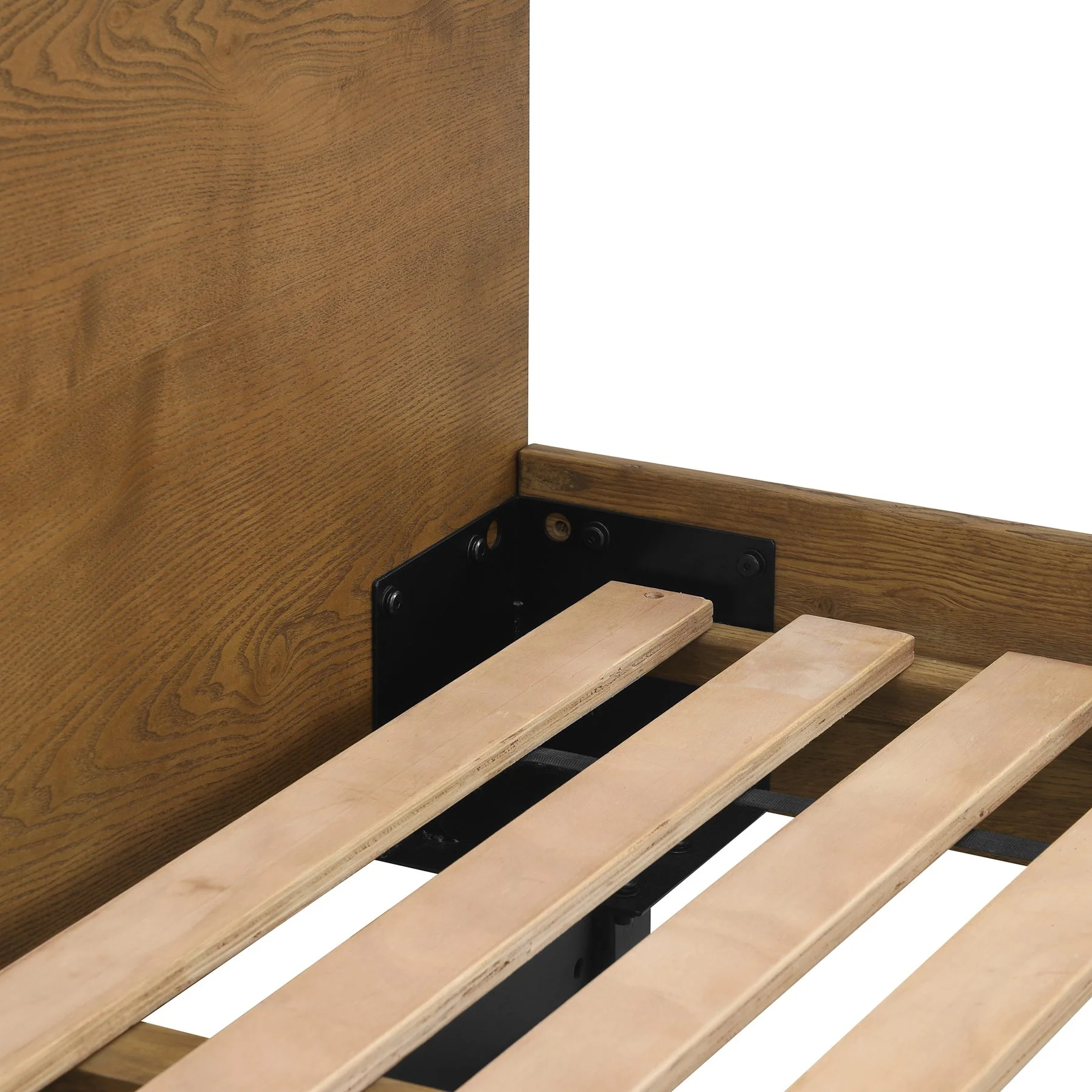 Aldo King Size 3 Piece Platform Bed Frame Bedroom Set in Brown Oak Wood and Black Metal - Image 6
