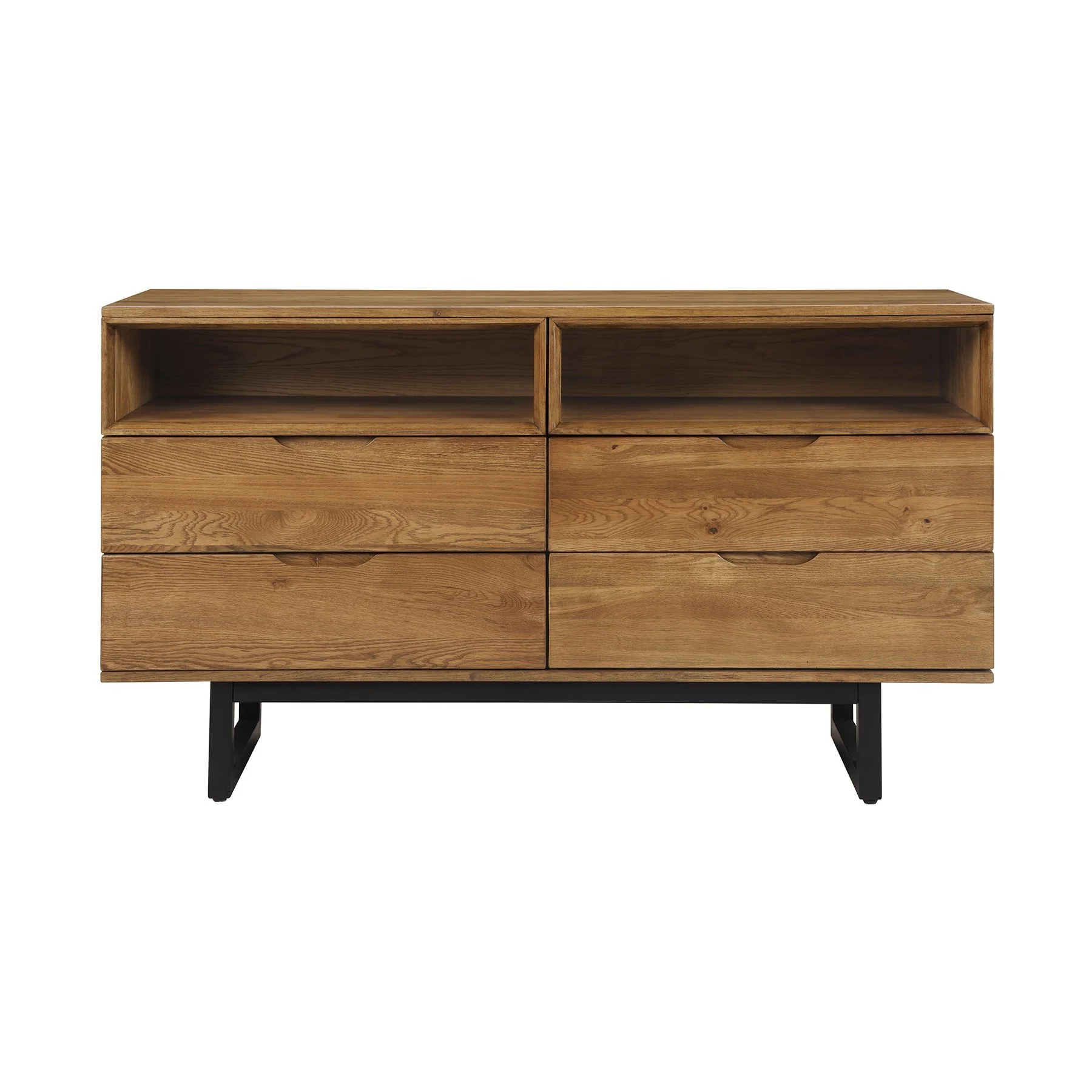 Aldo King Size 4 Piece Platform Bed Frame Bedroom Set in Brown Oak Wood and Black Metal - Image 4