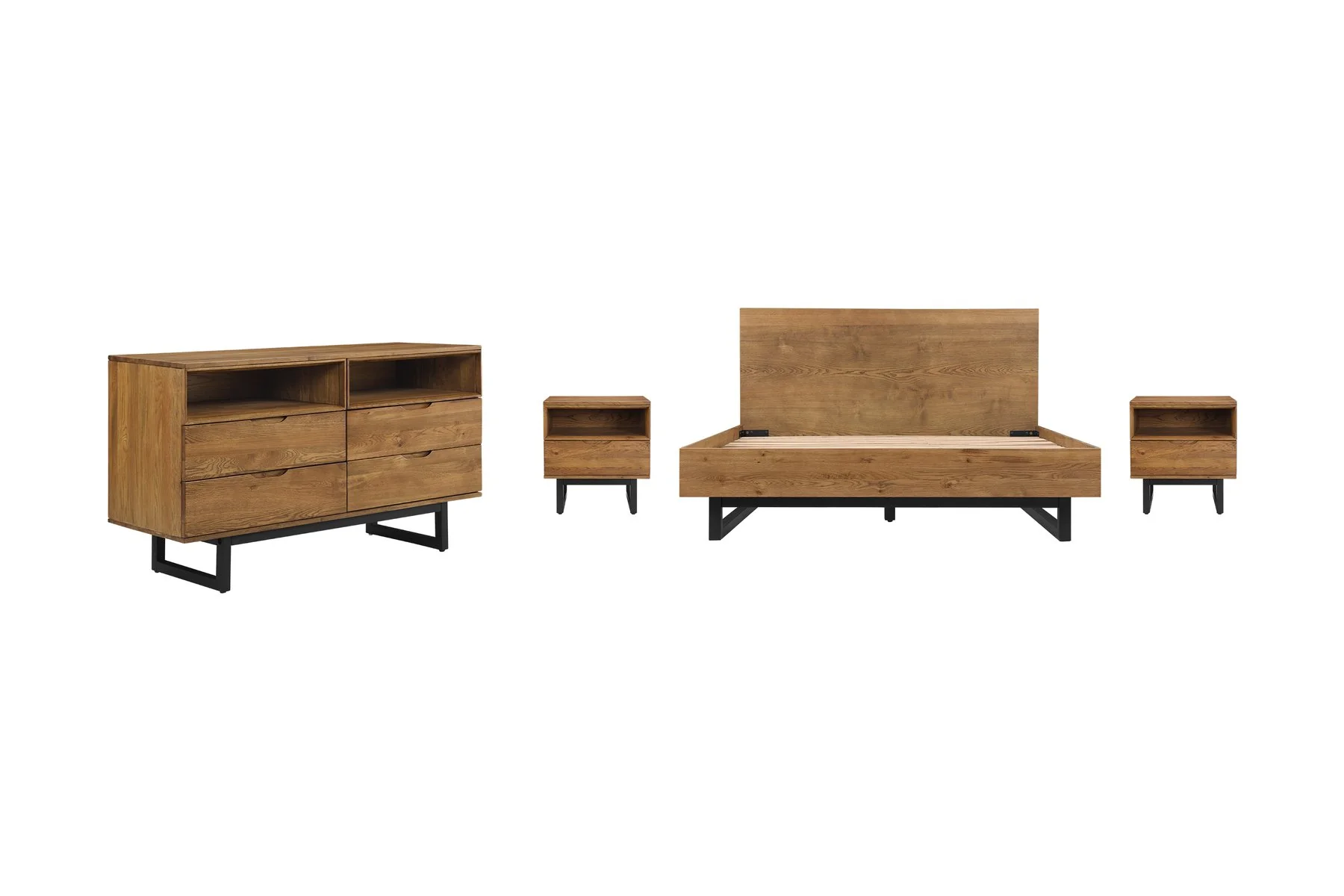 Aldo Queen Size 4 Piece Platform Bed Frame Bedroom Set in Brown Oak Wood and Black Metal