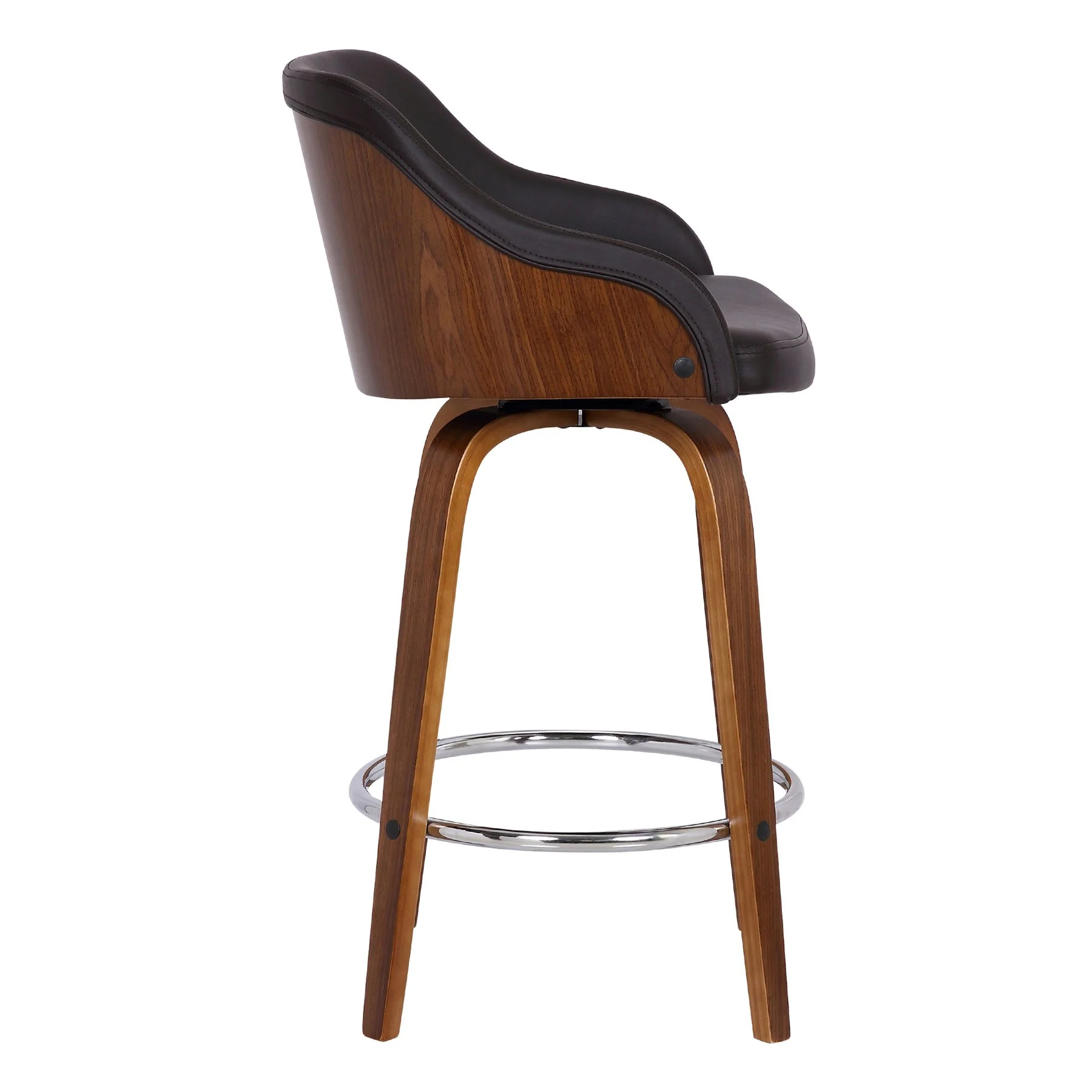 Alec 26" Counter Height Swivel Brown Faux Leather and Walnut Wood Bar Stool - Image 3