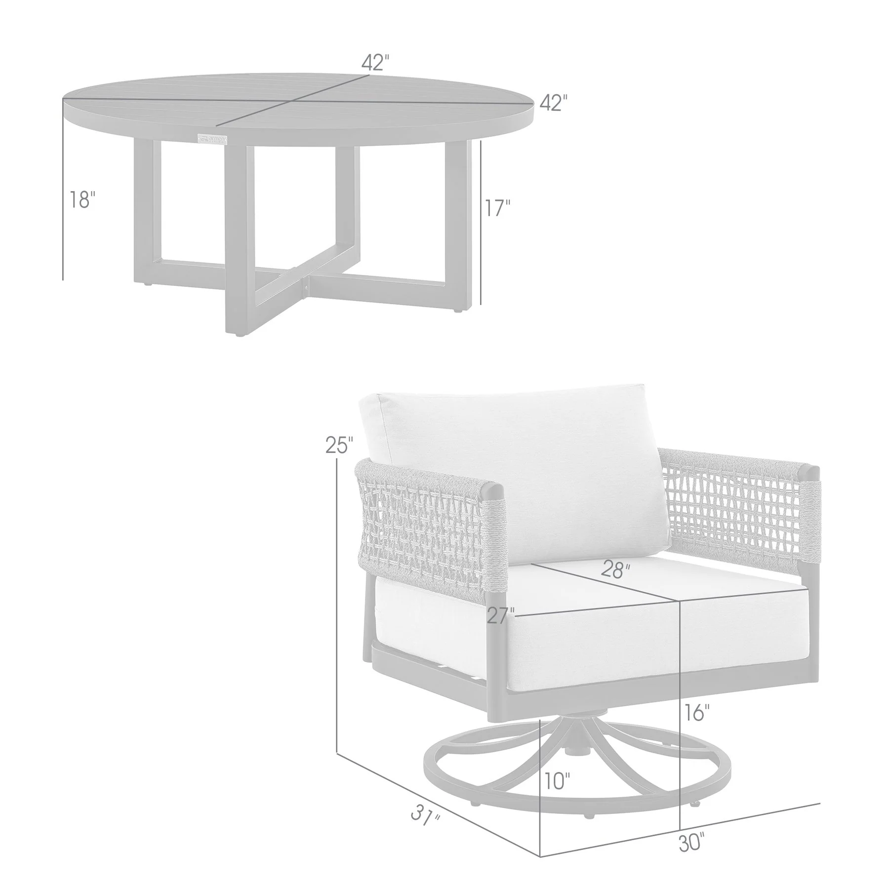 Alegria and Menorca 3 Piece Patio Outdoor Swivel Seating Set in Black Aluminum with Gray Rope and Cushions - Image 12