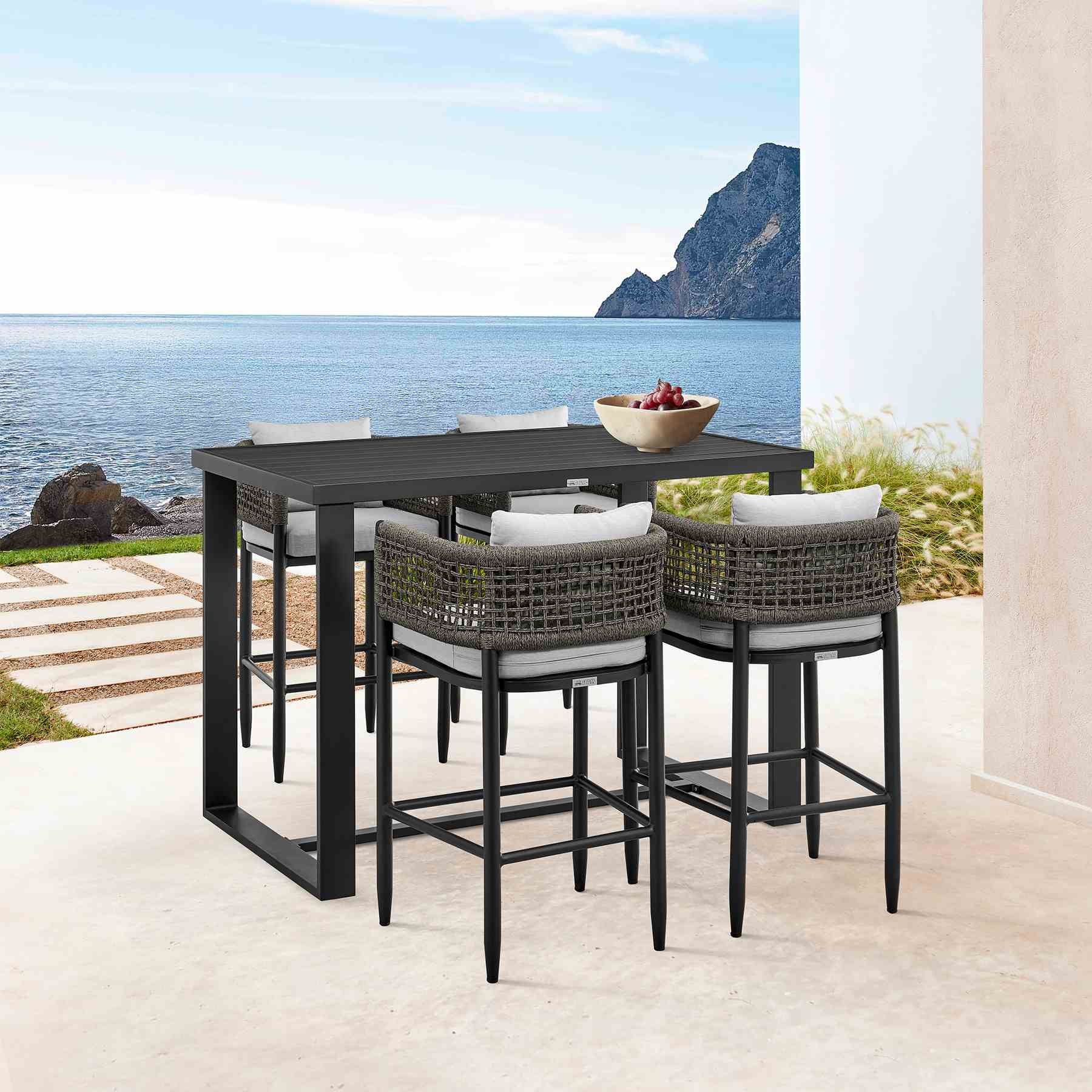 Alegria Outdoor Patio 5-Piece Bar Table Set in Aluminum with Gray Rope and Cushions - Image 11