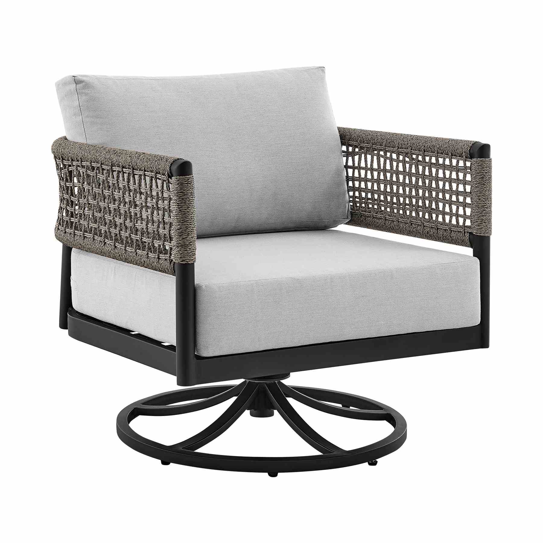 Alegria Outdoor Patio Swivel Rocking Chair in Black Aluminum and Gray Rope with Cushions