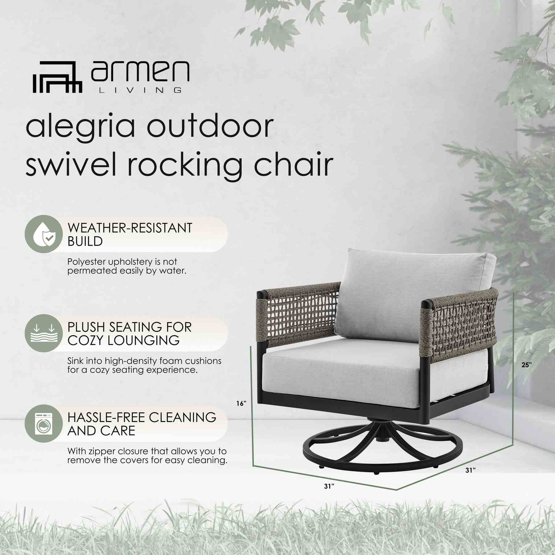 Alegria Outdoor Patio Swivel Rocking Chair in Black Aluminum and Gray Rope with Cushions - Image 12