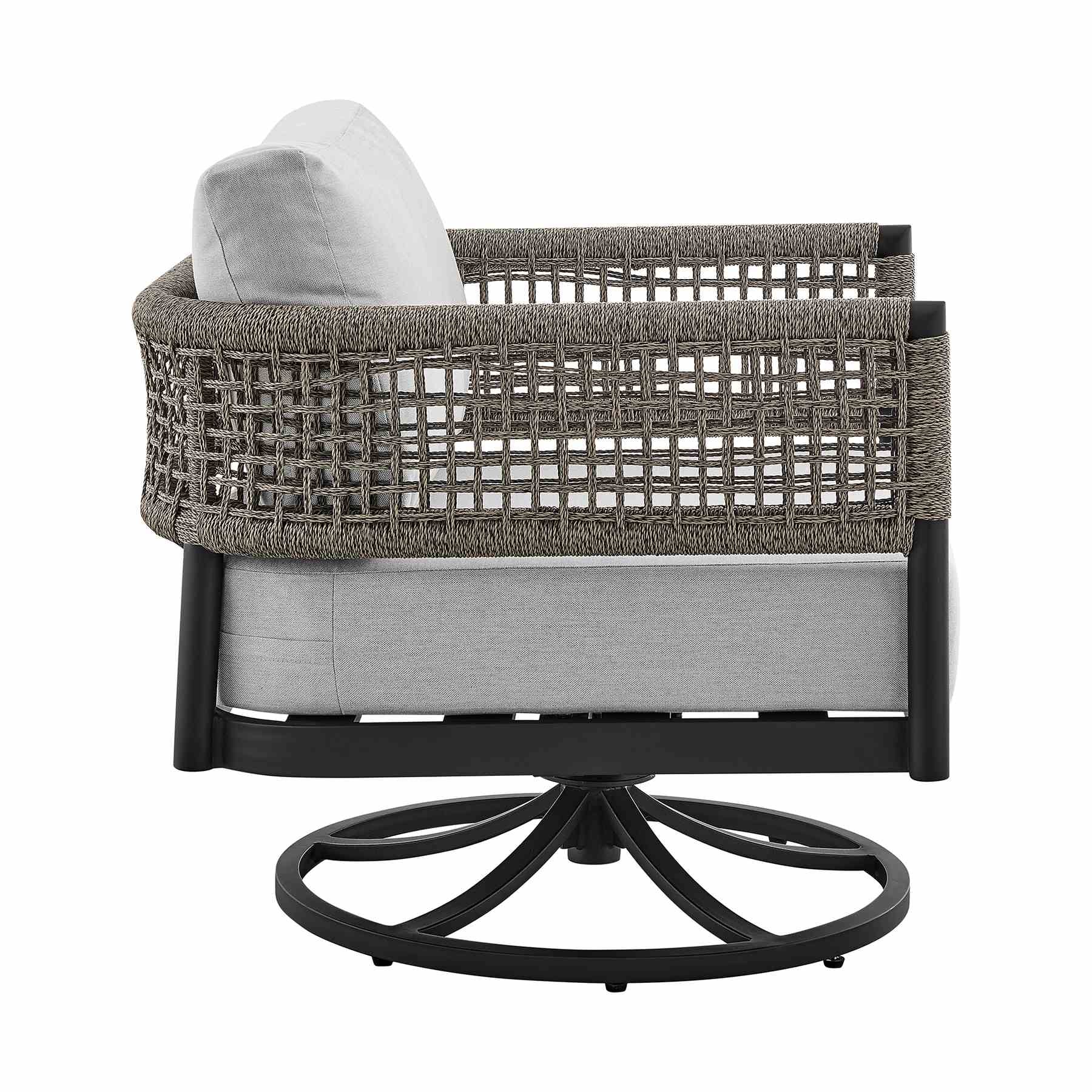 Alegria Outdoor Patio Swivel Rocking Chair in Black Aluminum and Gray Rope with Cushions - Image 3