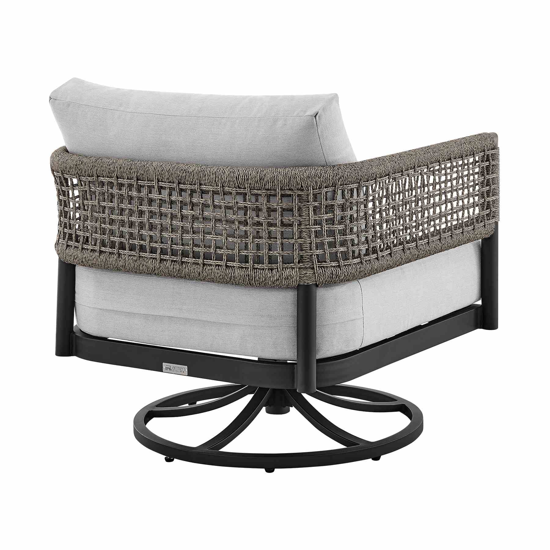 Alegria Outdoor Patio Swivel Rocking Chair in Black Aluminum and Gray Rope with Cushions - Image 4
