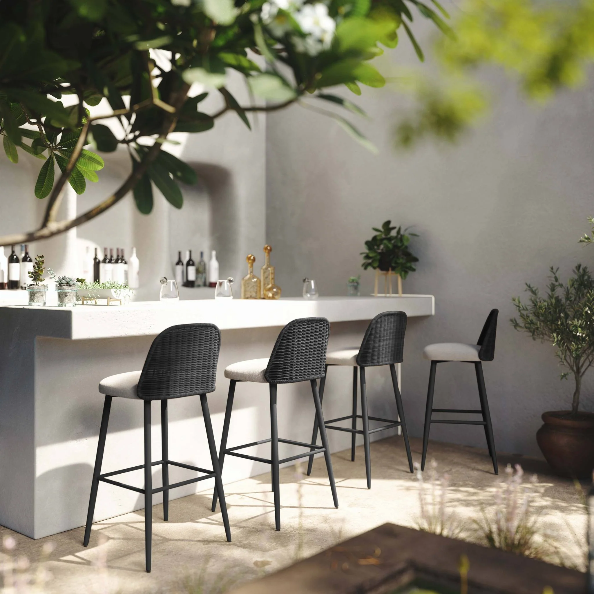 Alexa Black Rattan Performance Fabric Barstool - Image 3