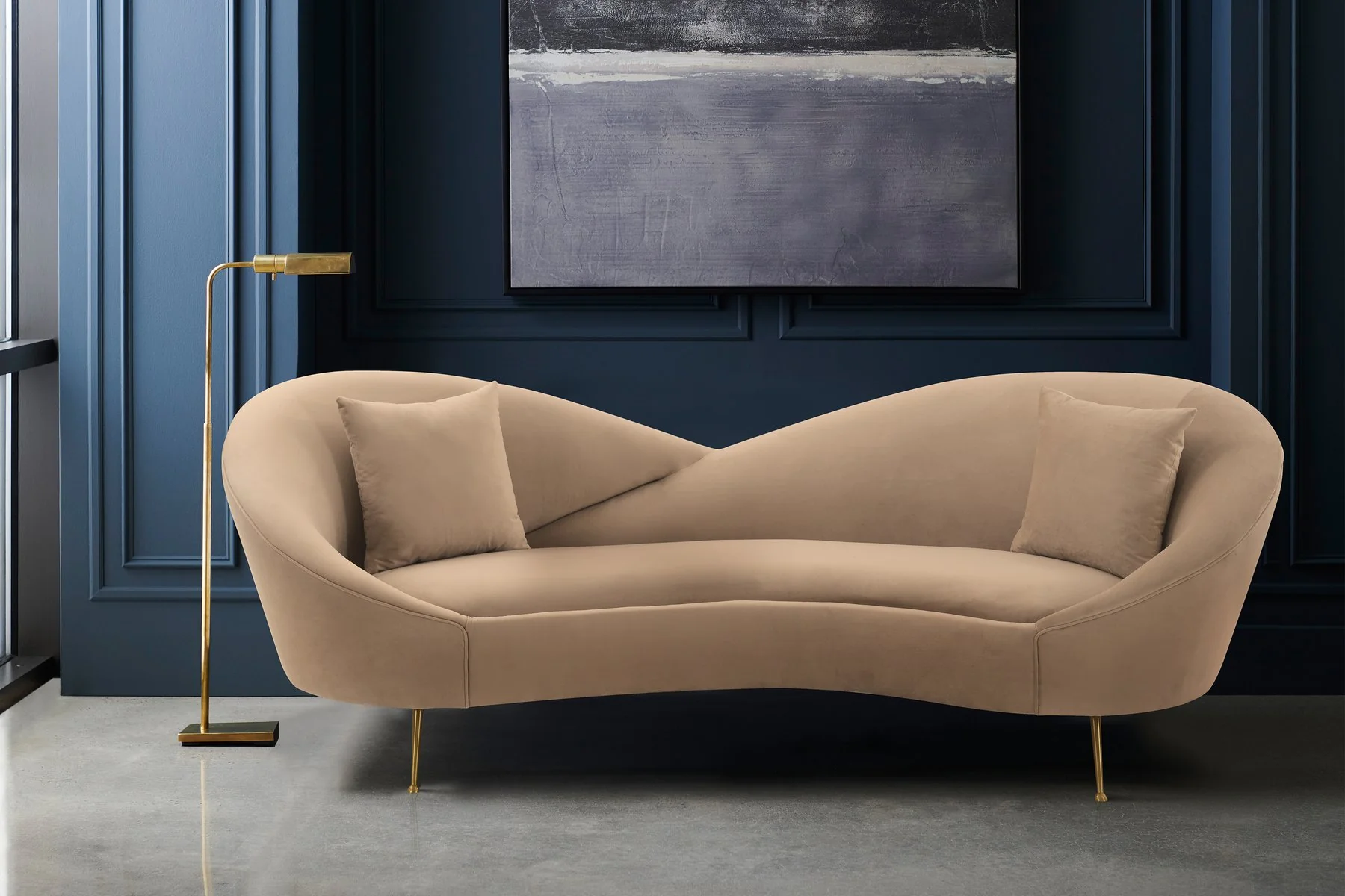 Anabella Natural Fabric Upholstered Sofa with Brushed Gold Legs - Image 7
