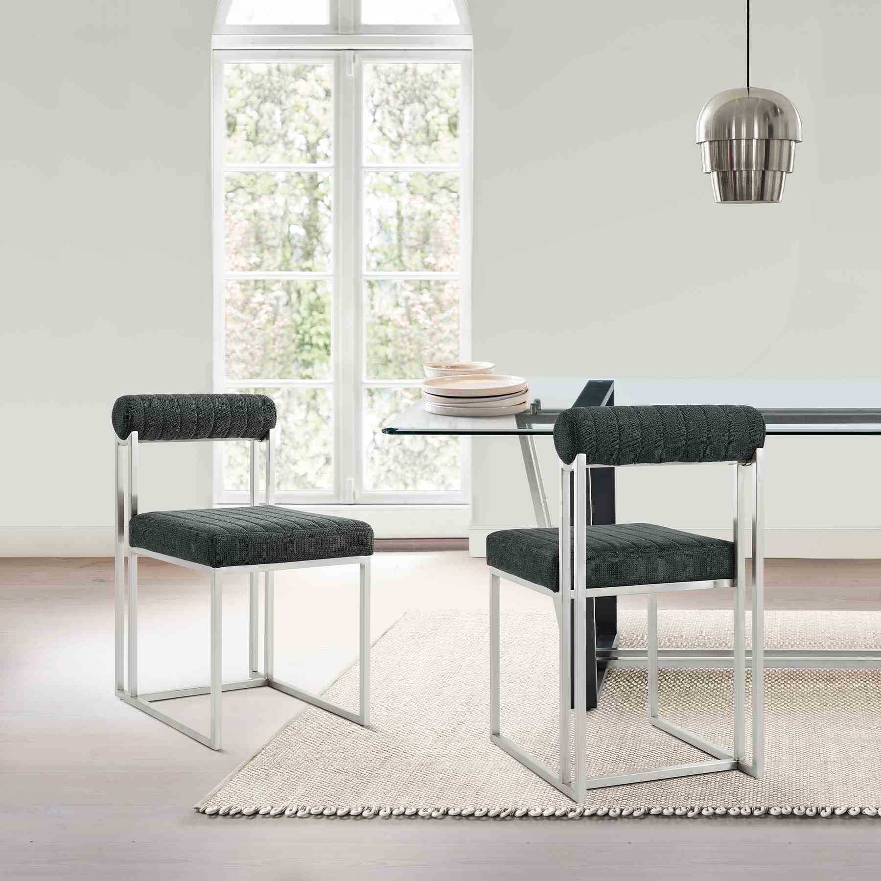 Anastasia Dining Chair with Brushed Stainless Steel and Charcoal Fabric - Set of 2 - Image 11