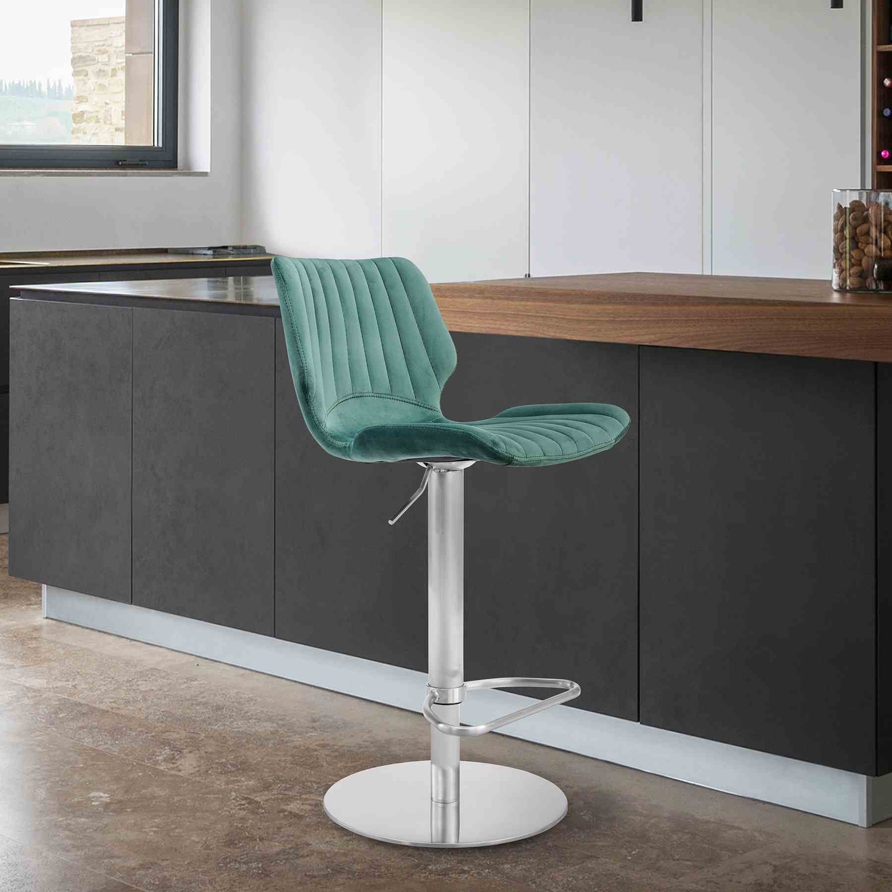 Anika Adjustable Velvet and Brushed Stainless Steel Bar and Counter Stool in Green - Image 6