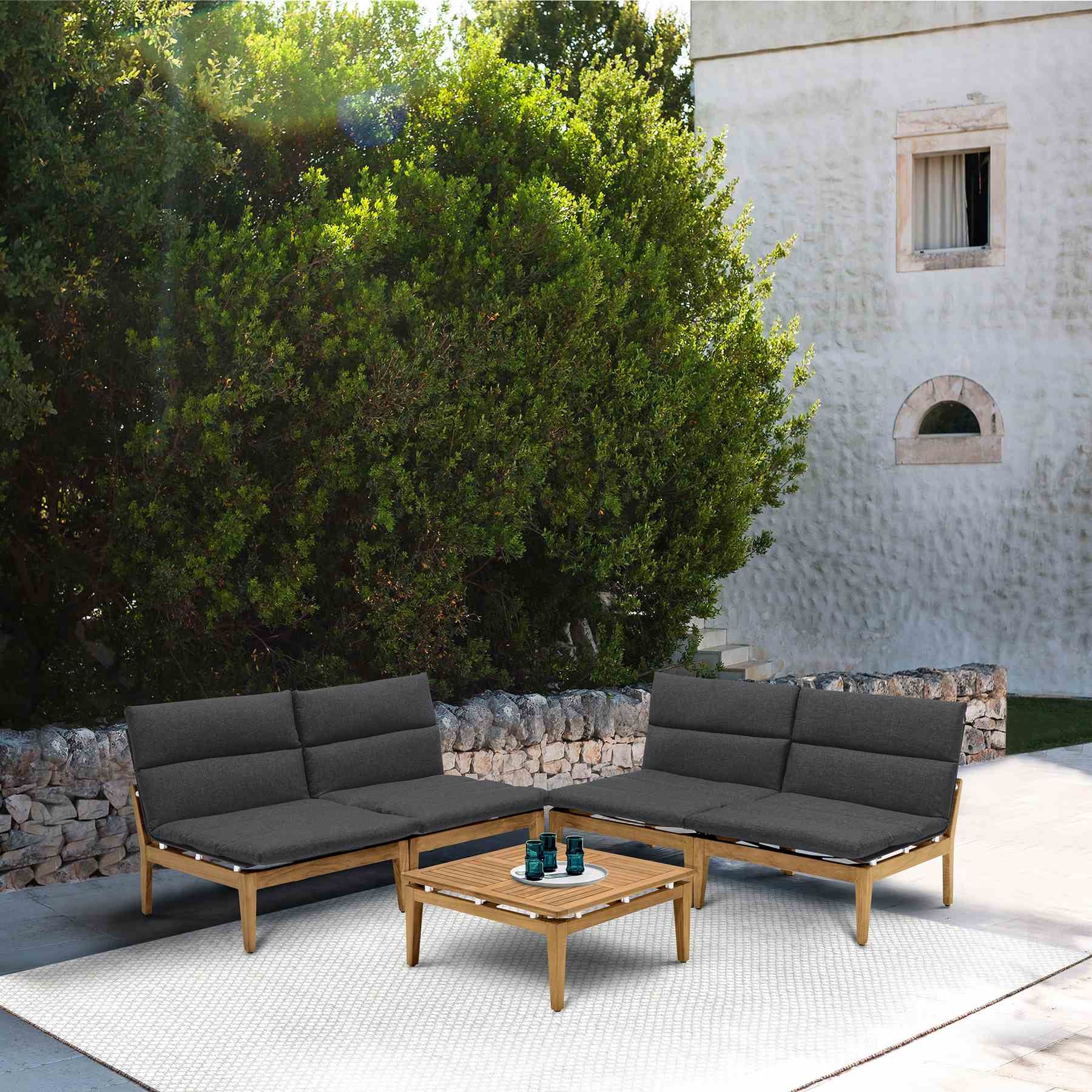 Arno Outdoor 5 Piece Teak Wood Seating Set in Charcoal Olefin - Image 8